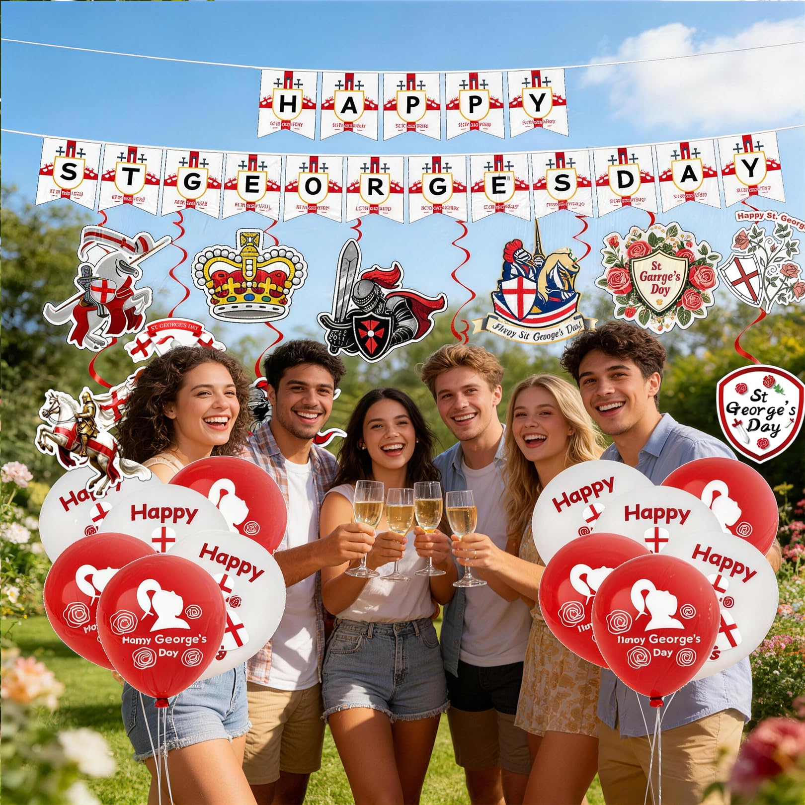 England St Georges Day Decorations Kit Happy St Georges Day Banner Swirls Balloons Hanging Decorations Indoor Outdoor Party Celebration Accessories — view 5