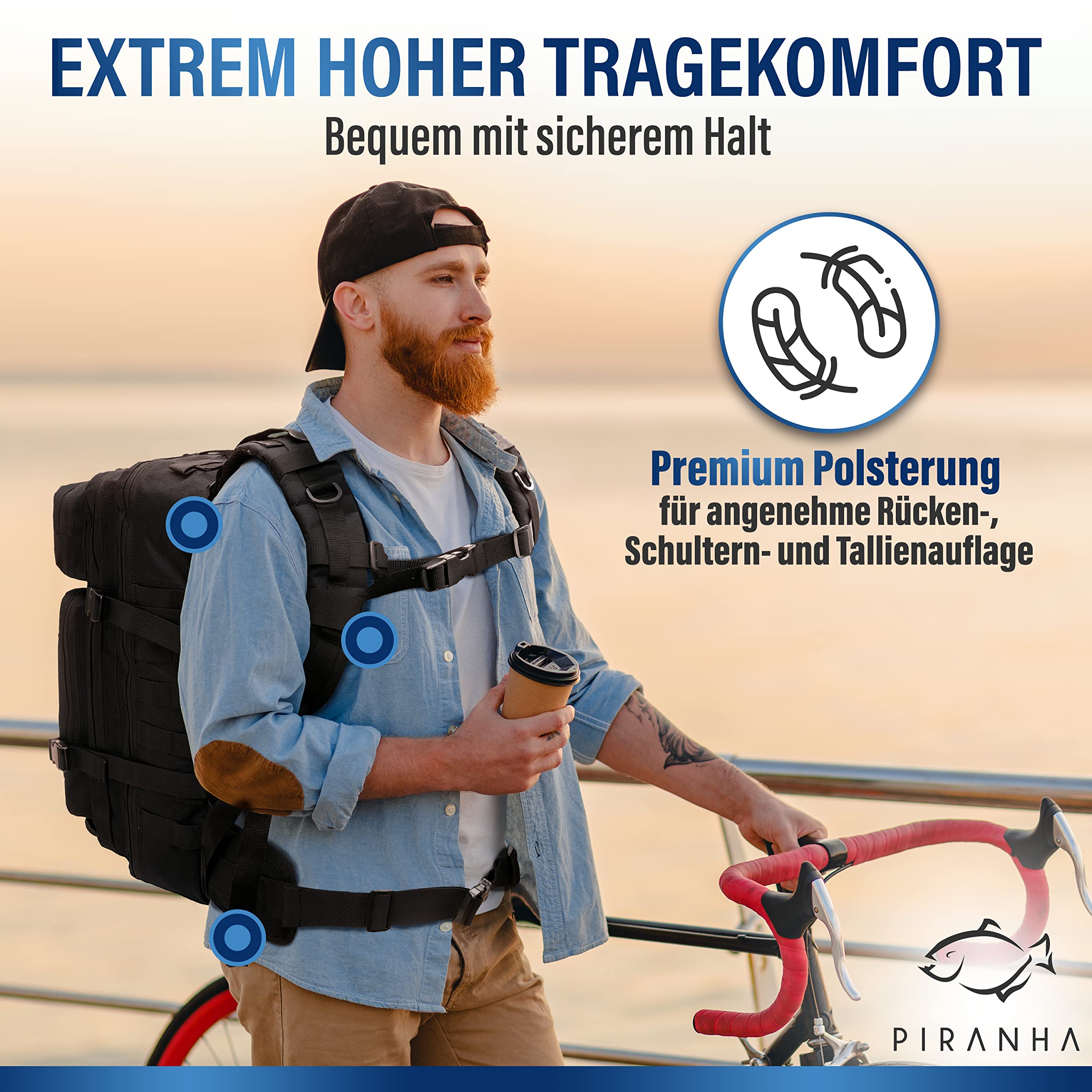 PIRANHA Outdoor Rucksack 45L – Robuster Wanderrucksack für Trekking, Camping & Bushcraft – Wasserabweisender Backpack mit vielen Fächern