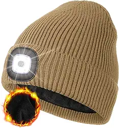 MELASA Gorro de inverno forrado com lã de LED, recarregável por USB, chapéu quente com luz embutida, presentes para homens, pai, marido, ele
