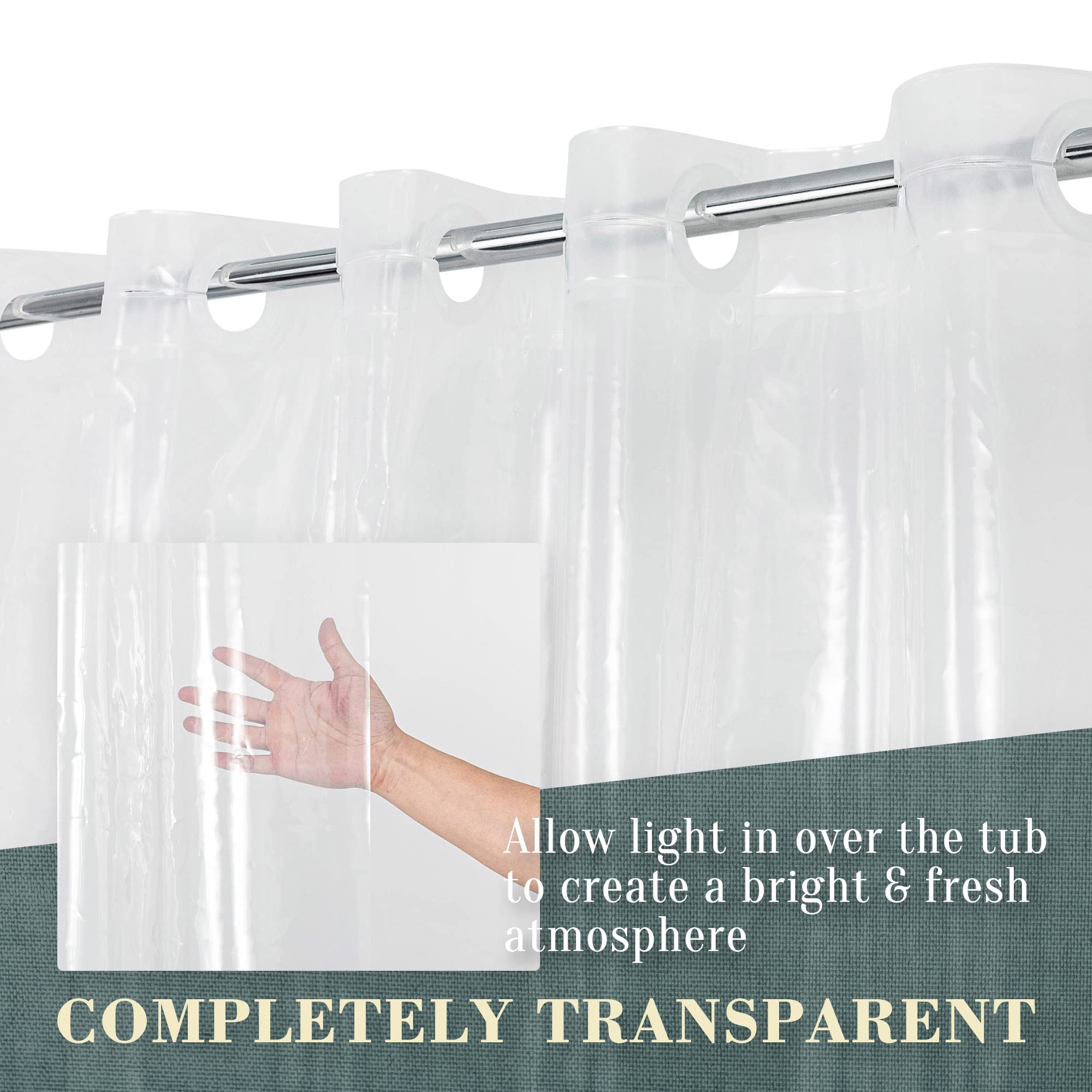 PEVA-Duschvorhang ohne Haken – 8G strapazierfähiger, transparenter Badezimmer-Duschvorhang, Keine Haken erforderlich, wasserdichter Kunststoff und PVC-frei, Standardgröße 71 x 74, transparent