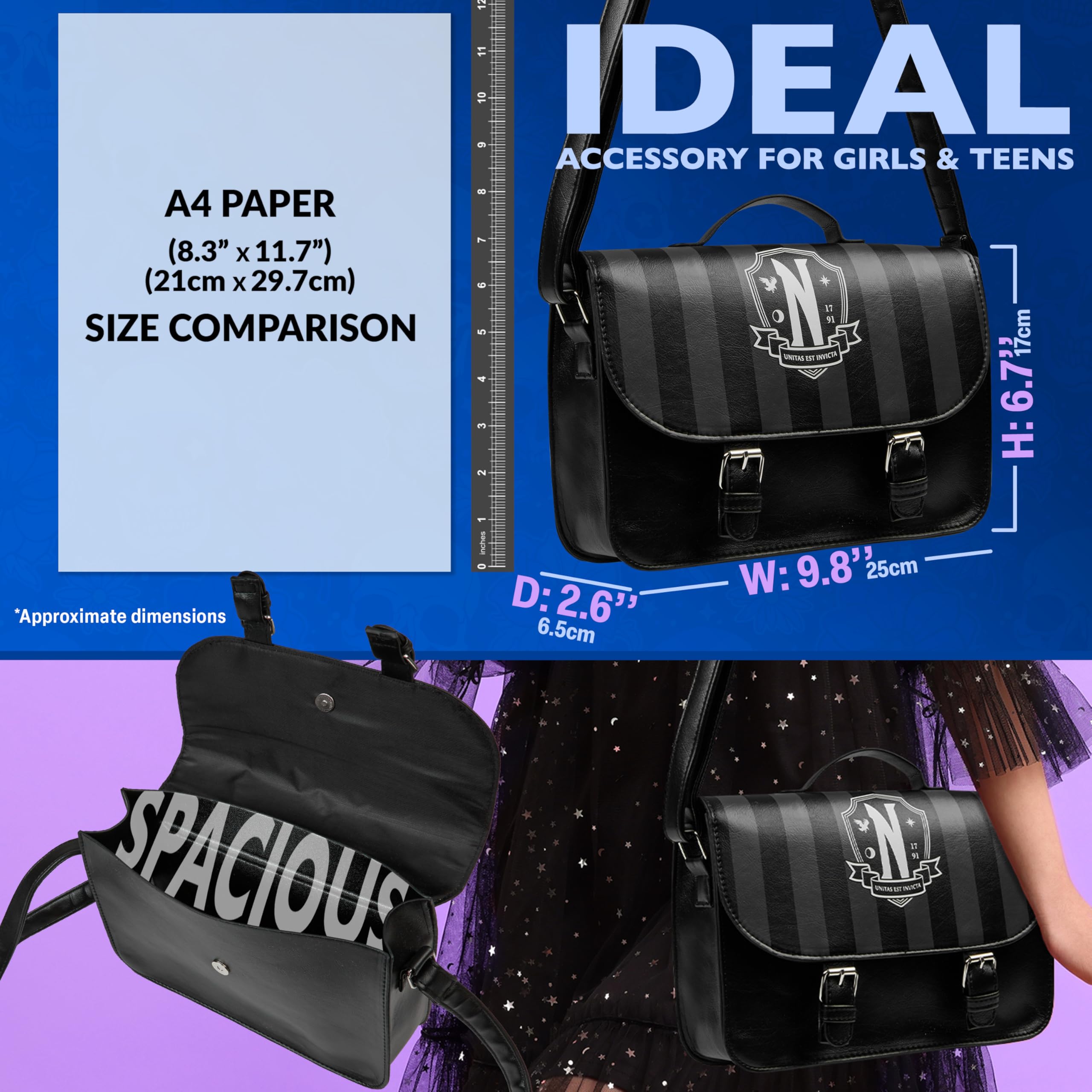 Wednesday Bolso Bandolera Niña Adolescente Chica, Bolsa con Correa Ajustable, Accesorios Góticos, Regalo Original Niñas Fans