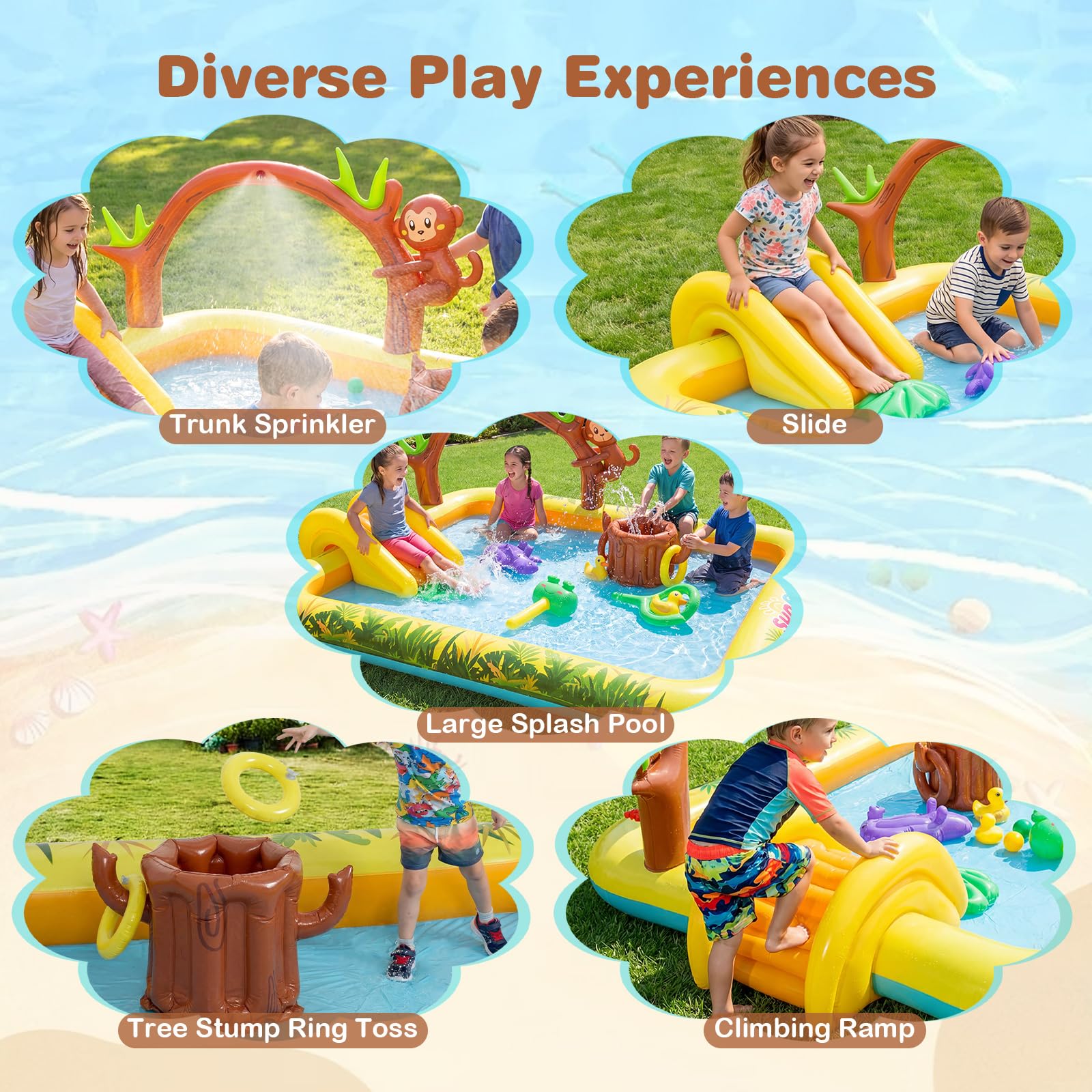 SOARS Piscine Gonflable, Aire de Jeux Extérieure sur Le Thème de Jungle, Toboggan & Pataugeoire, Jets d’Eau, Jeu de Lancer d’Anneaux, Parc Aquatique d’Été pour Jardin, Terrasse, 207 X 168 X 77 CM