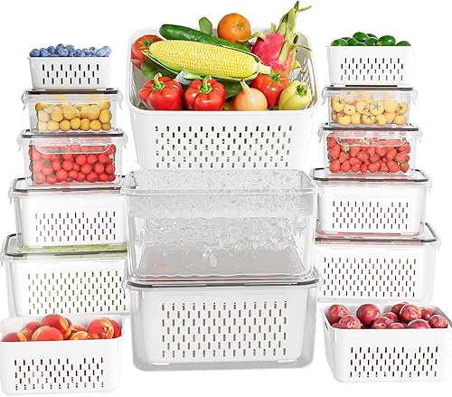 Paquete de 10 recipientes de almacenamiento de frutas para refrigerador con coladores extraíbles, recipientes de almacenamiento de alimentos con