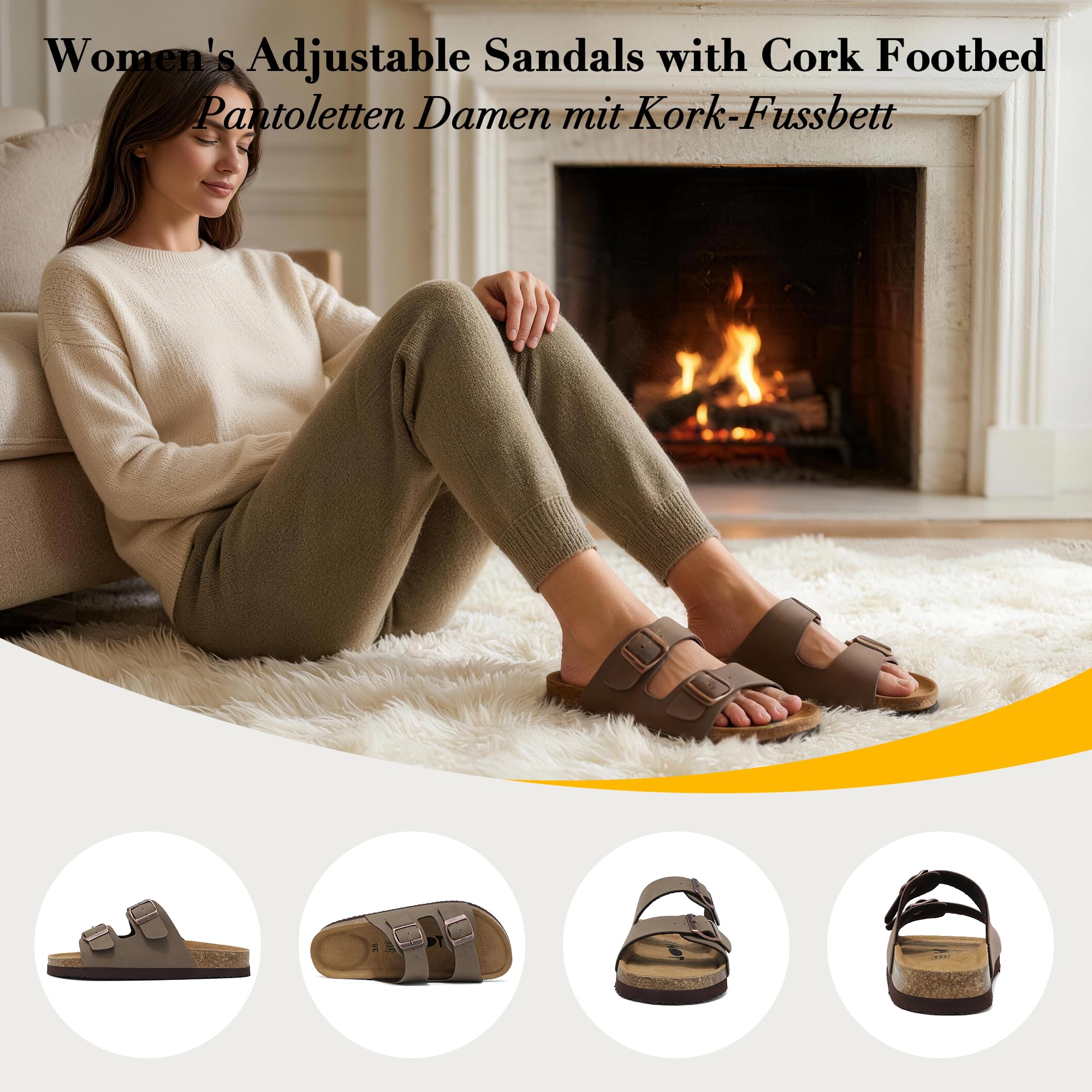 Sandali Donna con Plantare in Sughero e Fibbia Regolabili 36-42EU | Sandali Ortopedici con Supporto Arco Plantare Comode Antiscivolo Ciabatte Casa con Vera Pelle Plantare Memory Foam Pantofole