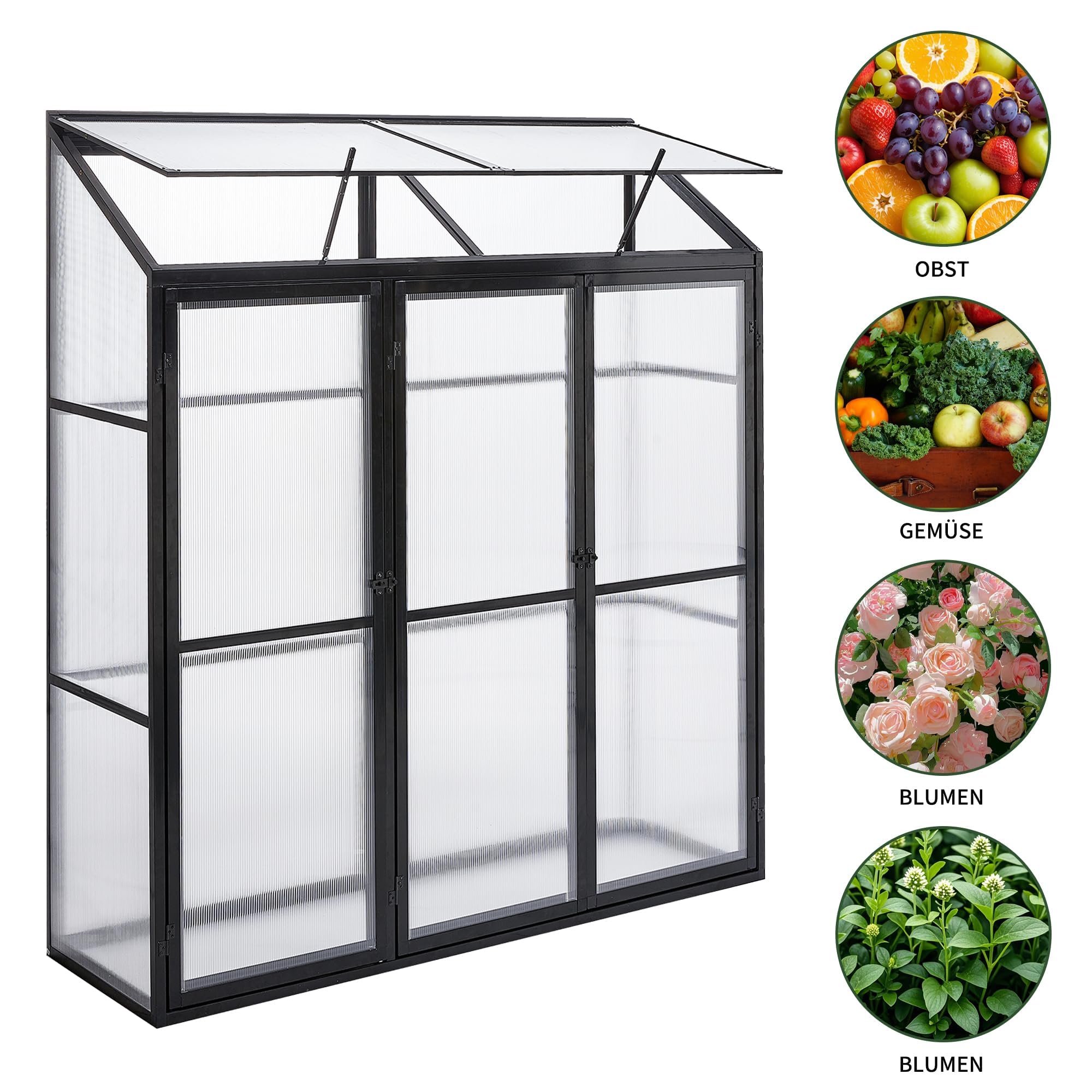 Anlehngewächshaus Tomaten Gewächshaus 180x55x190cm Aluminium Beistell-Gewächshaus, Treibhaus Gartenhaus Frühbeet mit Rückwand, Winterfest Klein, Minigewächshaus, Schwarz