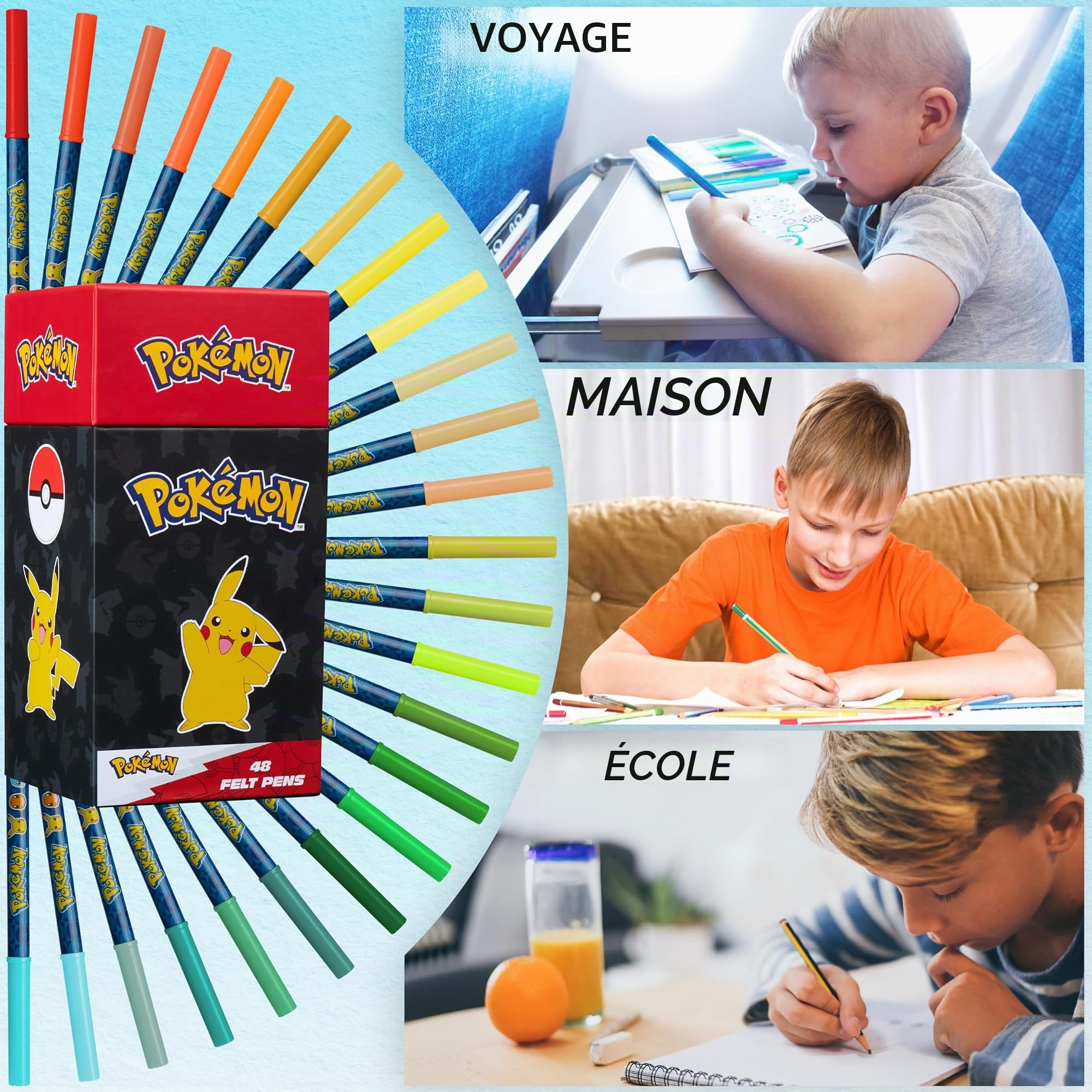 Pokémon Feutres Coloriage Enfants Set de 48 Stylos Feutres Lavables Pikachu Kit Créatif Enfant École Voyage Coffret Coloriage Idée Cadeau