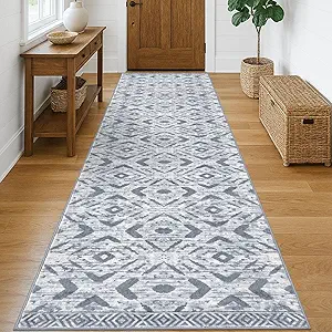 KILOCOCO Hallway Runner Rug 3'x10' Washable Printed Moroccan Runner Rug Non Slip Entryway Runners Soft Indoor Long Floor Rugs for Bedroom Kitchen Living Room Geometric Boho Carpet Runners, Grey White