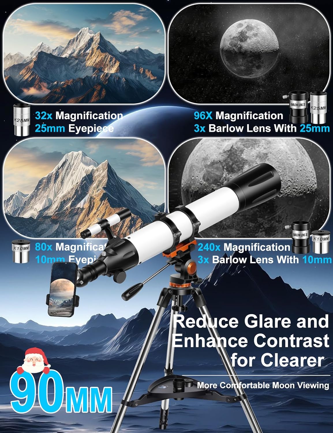 telescope for adults high powered 90mm aperture 800mm(32x-240x),refractor telescopes for astronomy beginners with az mount tripod,phone adapter,carry bag(80090white)