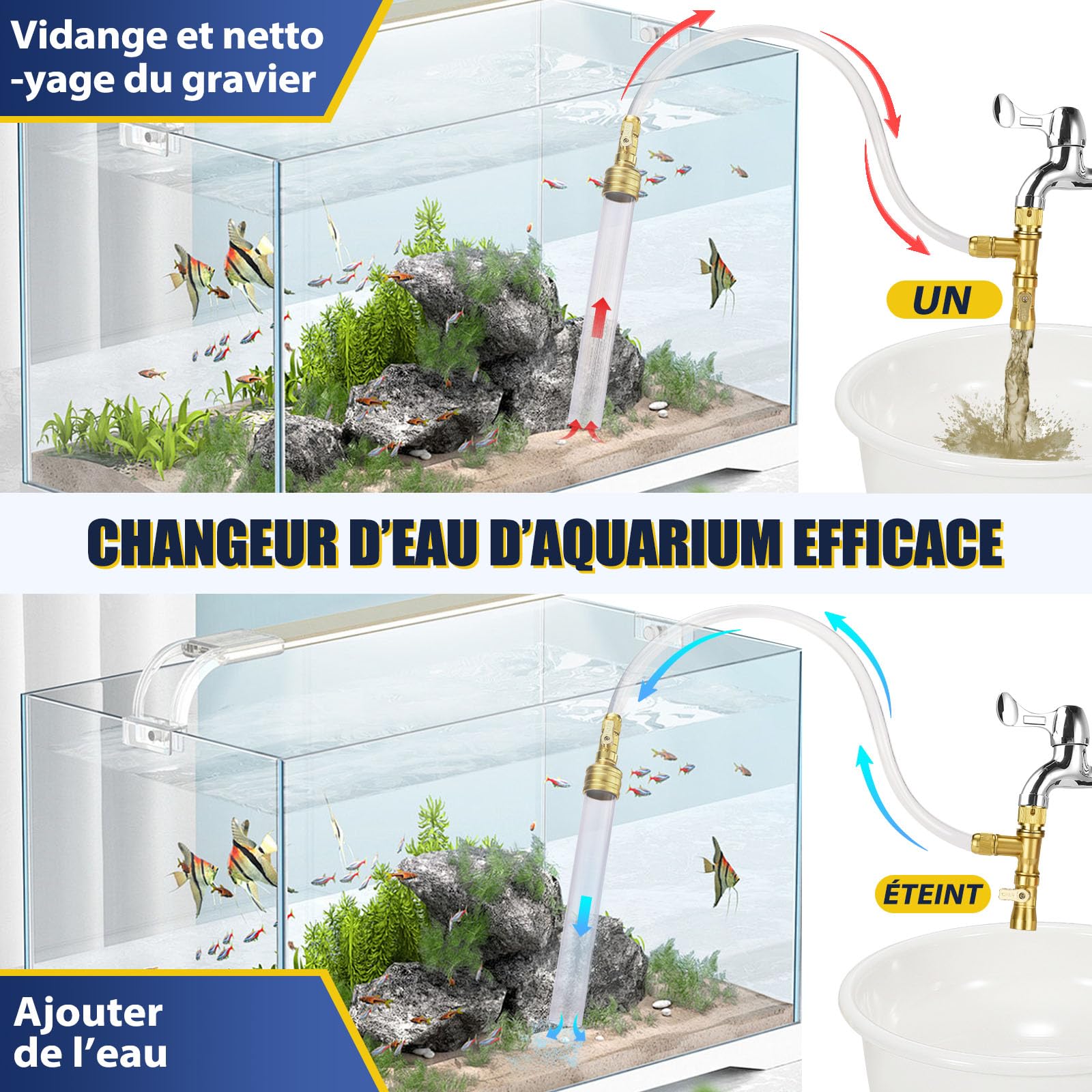 GADFISH Nettoyeur Gravier Aquarium, Rapide Aquarium Changeur l'eau avec Tuyau en PVC de 15m, Nettoyeur de Gravier à Siphon pour Aquarium