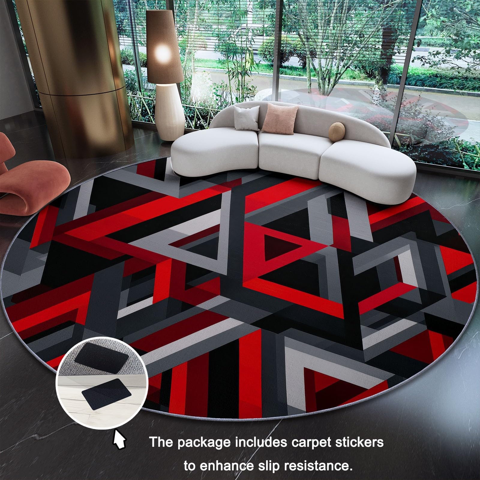 Runder Teppich 160 cm Geometrische Dreiecke - Rot Gräulich-Weiß - Waschbarer Wohnzimmerteppich rutschfest - Weiche Bodenmatte für Kinderzimmer, Esszimmer & Büro - Modernes Design