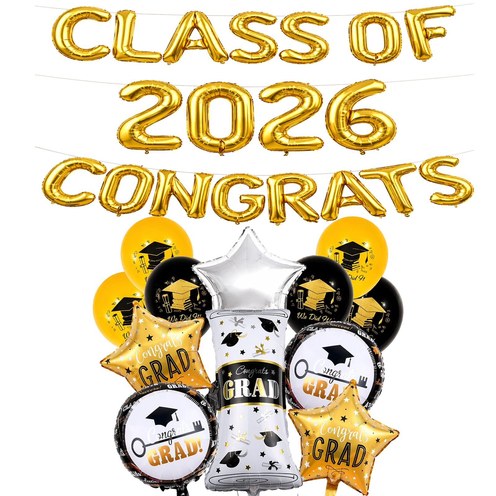 Class of 2026 Decorations, Graduation Decorations, 31 Pcs Prom Decorations 2026 Set, Graduation Balloons Set with Silver Star, Gold Stars and Letters for Party Background and Photo Booth Displays
