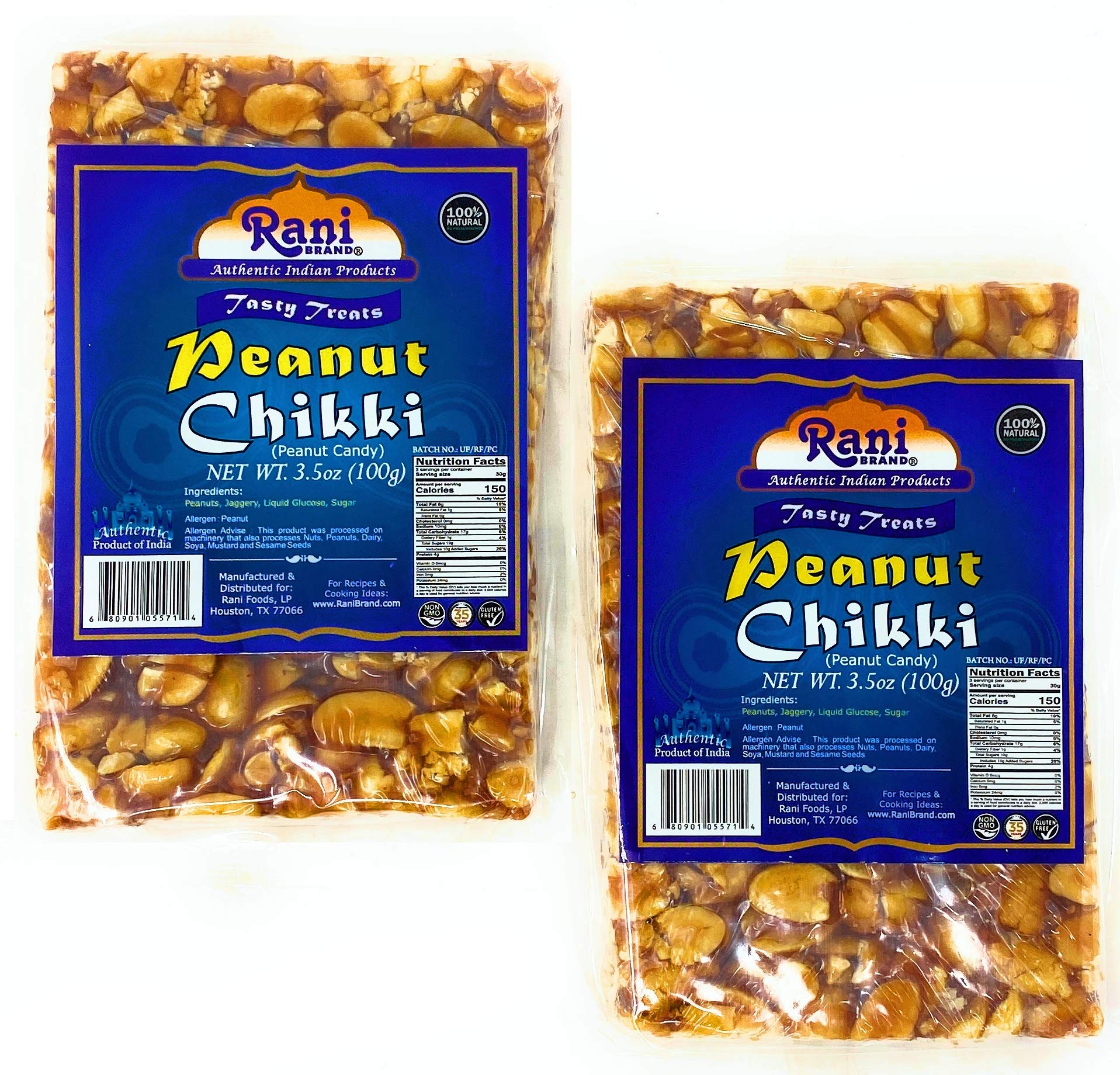 Rani Peanut Chikki (Brittle Candy) 3.5oz (100g) x Pack of 2 ~ All Natural | Vegan | No colors | Gluten Friendly | Kosher | Indian Origin