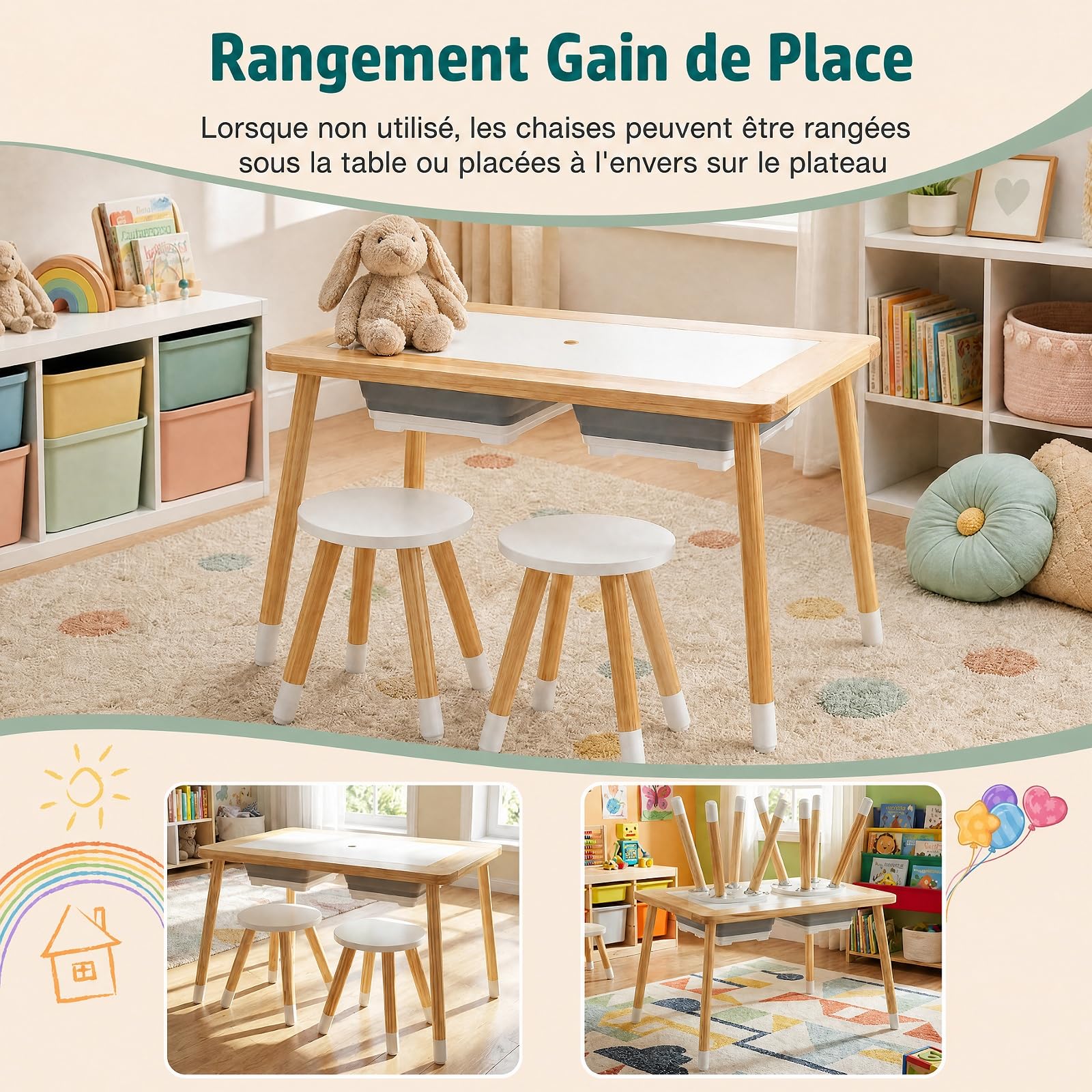 GOPLUS Table Sensorielle Enfant Extérieure avec 2 Chaises (Naturel)