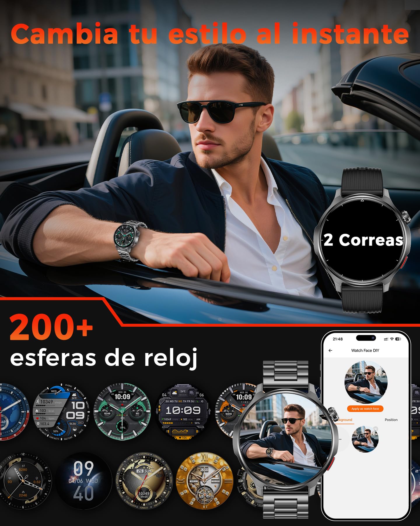 Reloj Inteligente Hombre, Batería de 1000 mAh, Pantalla Grande HD de 1,52'' | Smartwatch Llamadas Bluetooth, 120+ Modos Deportivos, Frecuencia Cardíaca, Sueño, Android iOS, Dos Correas, Negro