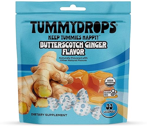 Tummydropch orgánico USDA sabor jengibre Butterscotch Tummydrops, sin gluten y vegano, 33 gotas