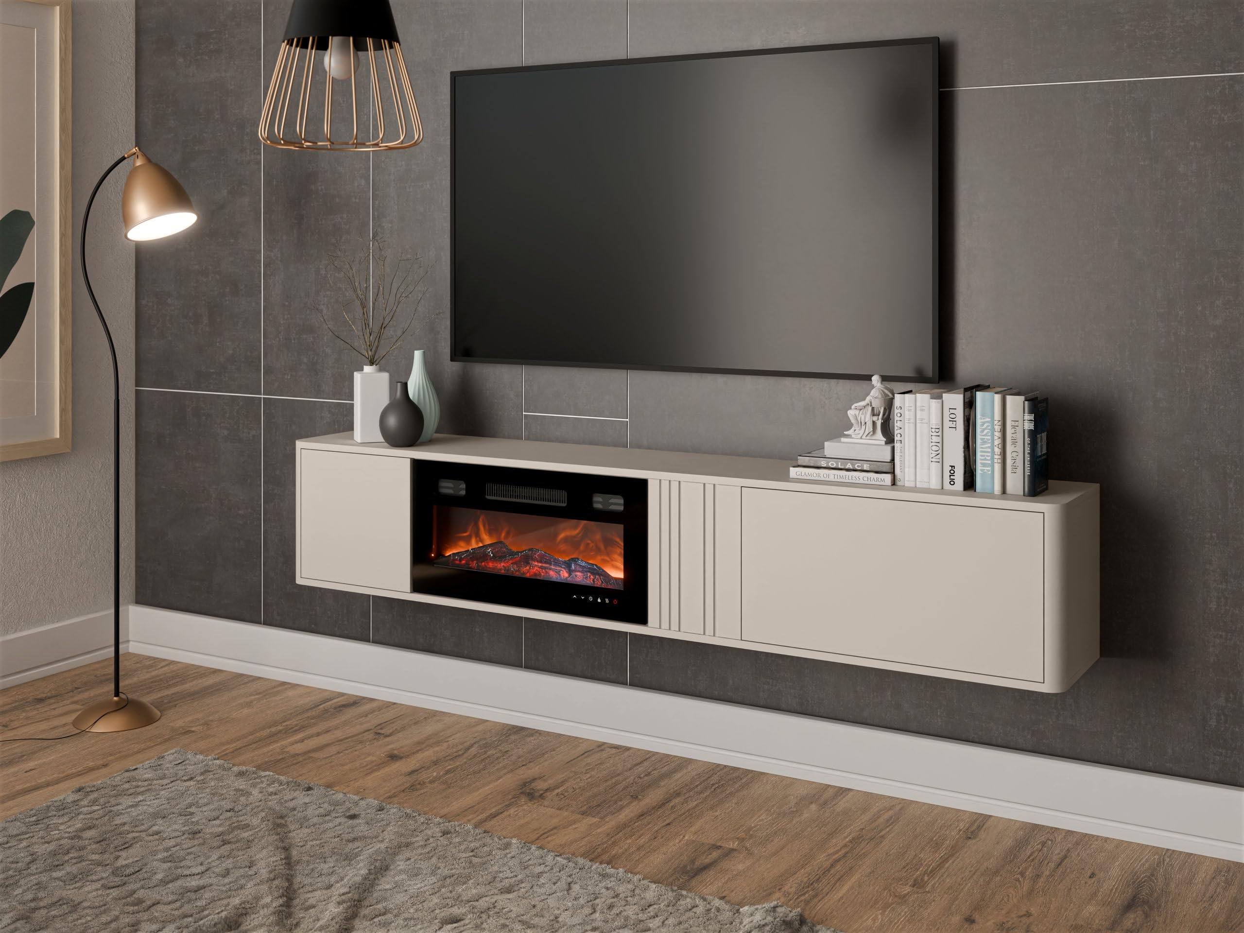 Mirjan24 TV-Schrank Poksin 190 mit elektrischem Kamin, TV-Lowboard mit griffloser Front, realistische LED-Flamme, modernes Wohnzimmermöbel (Cashmere)
