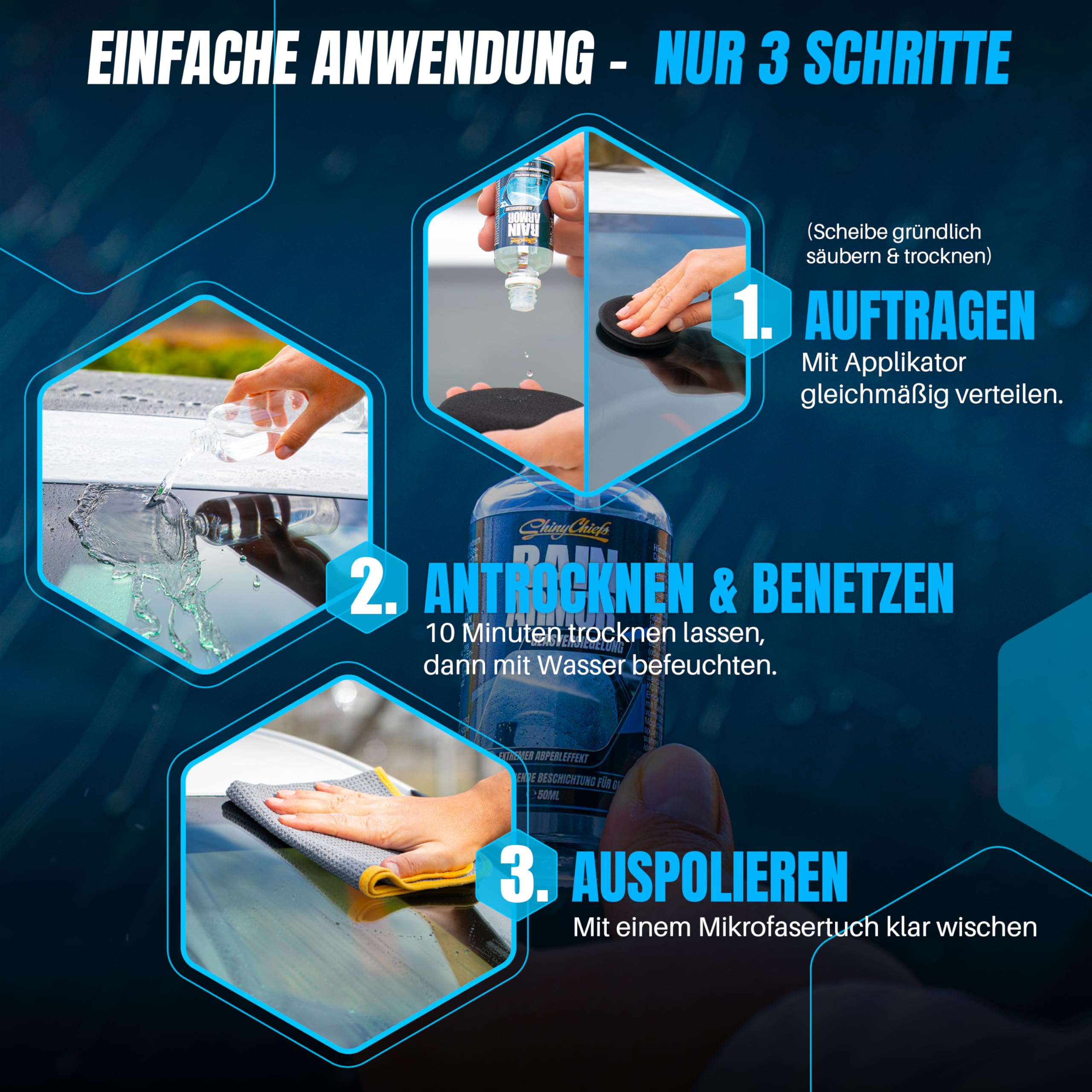 ShinyChiefs RAIN AMOR Set - Autoscheiben-Versiegelung mit hydrophobem Schutz - Lässt Regen und Schnee abperlen - Langer Halt, Glasversiegelung bis zu 2 Monate, 50ml, Microfasertuch & Applikatorpad