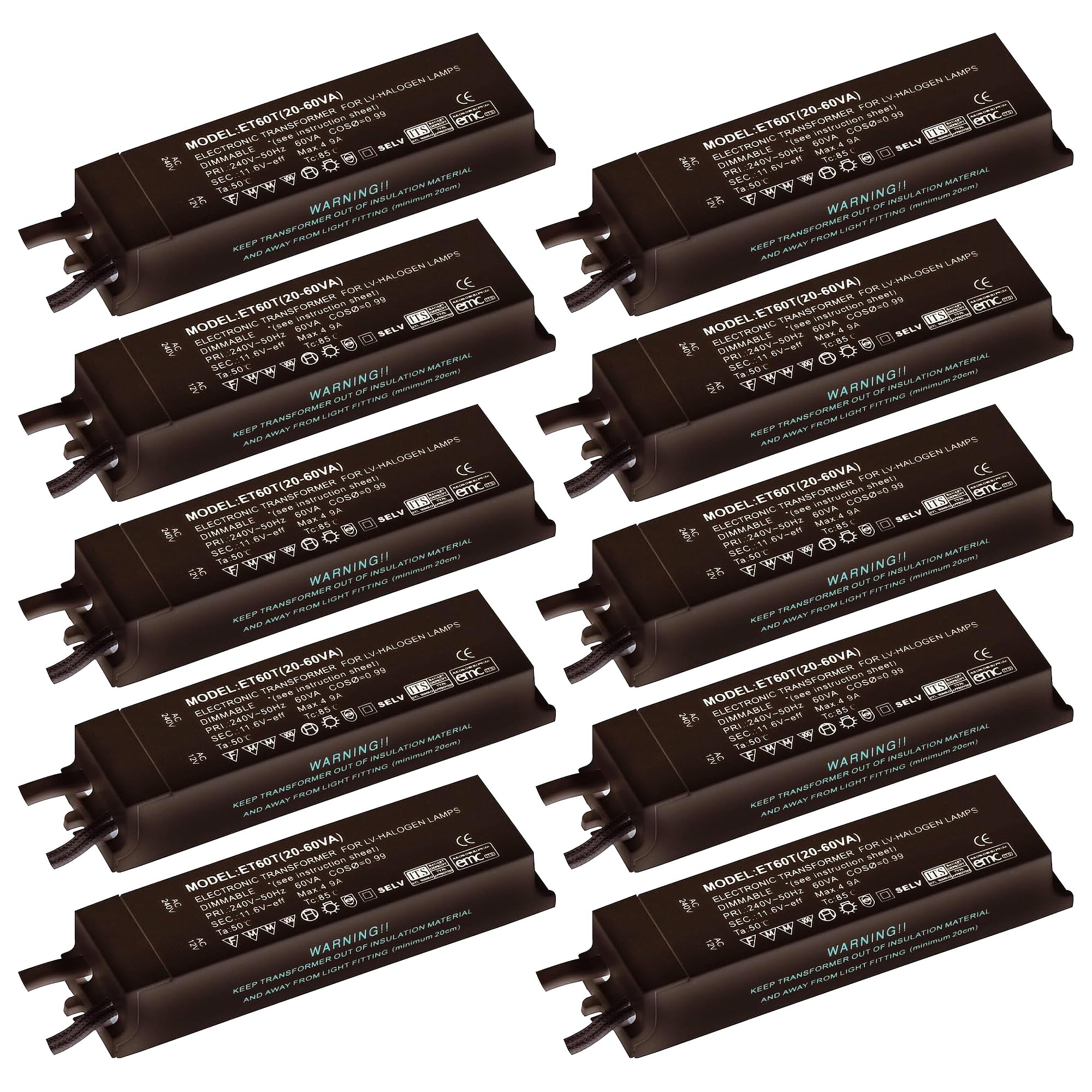 Black Finish 12V Low Voltage 20W - 60W Rated Electronic Dimmable Transformer for Halogen Lights Lamps Bulbs IP20 Rated - Pack of 10