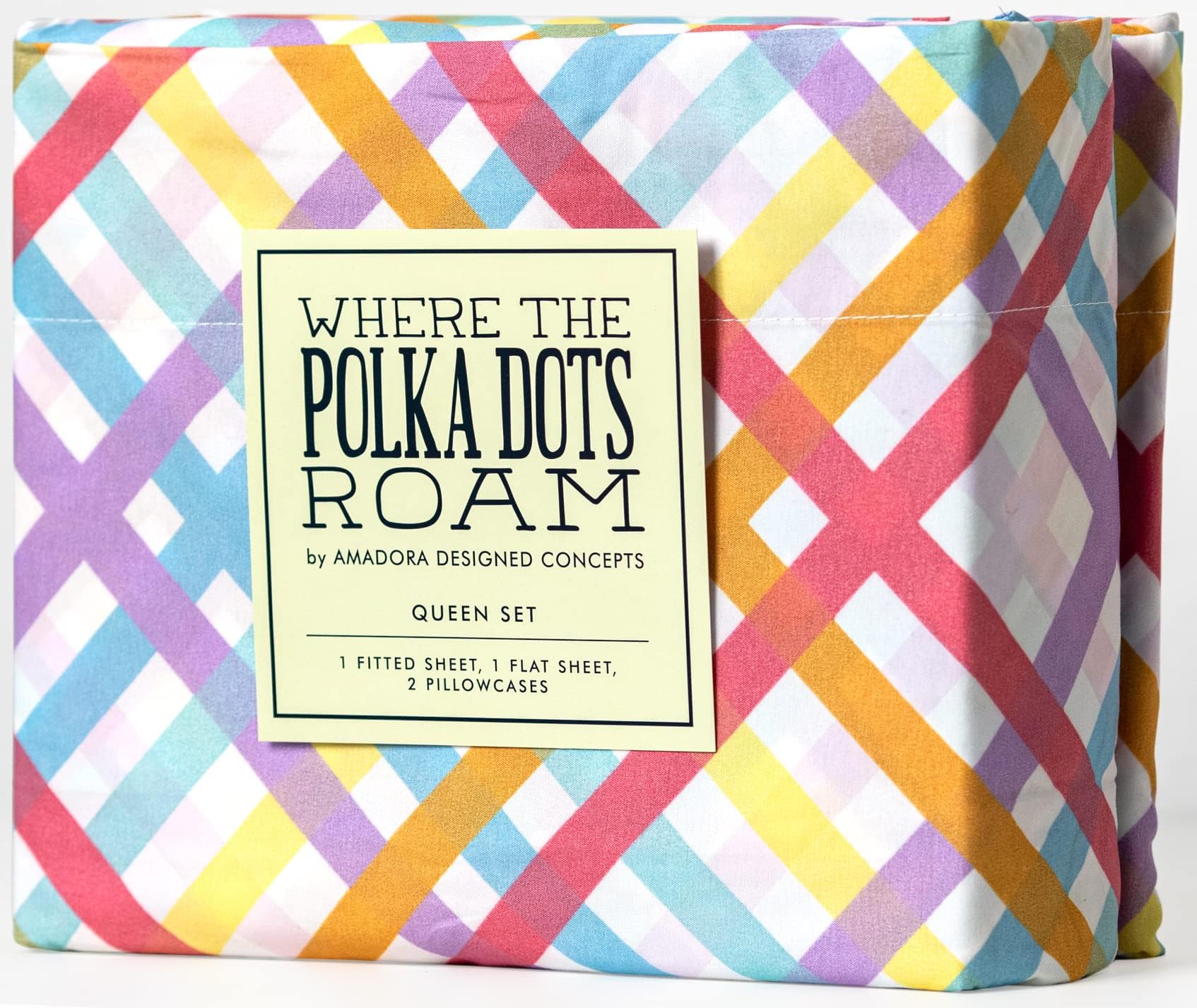 Polka Dots Roam Colorful Rainbow Gingham Sheets - Full Size, Wrinkle Resistant, Super Soft - Fun Bedding in White, Blue, Yellow, Pink, Purple