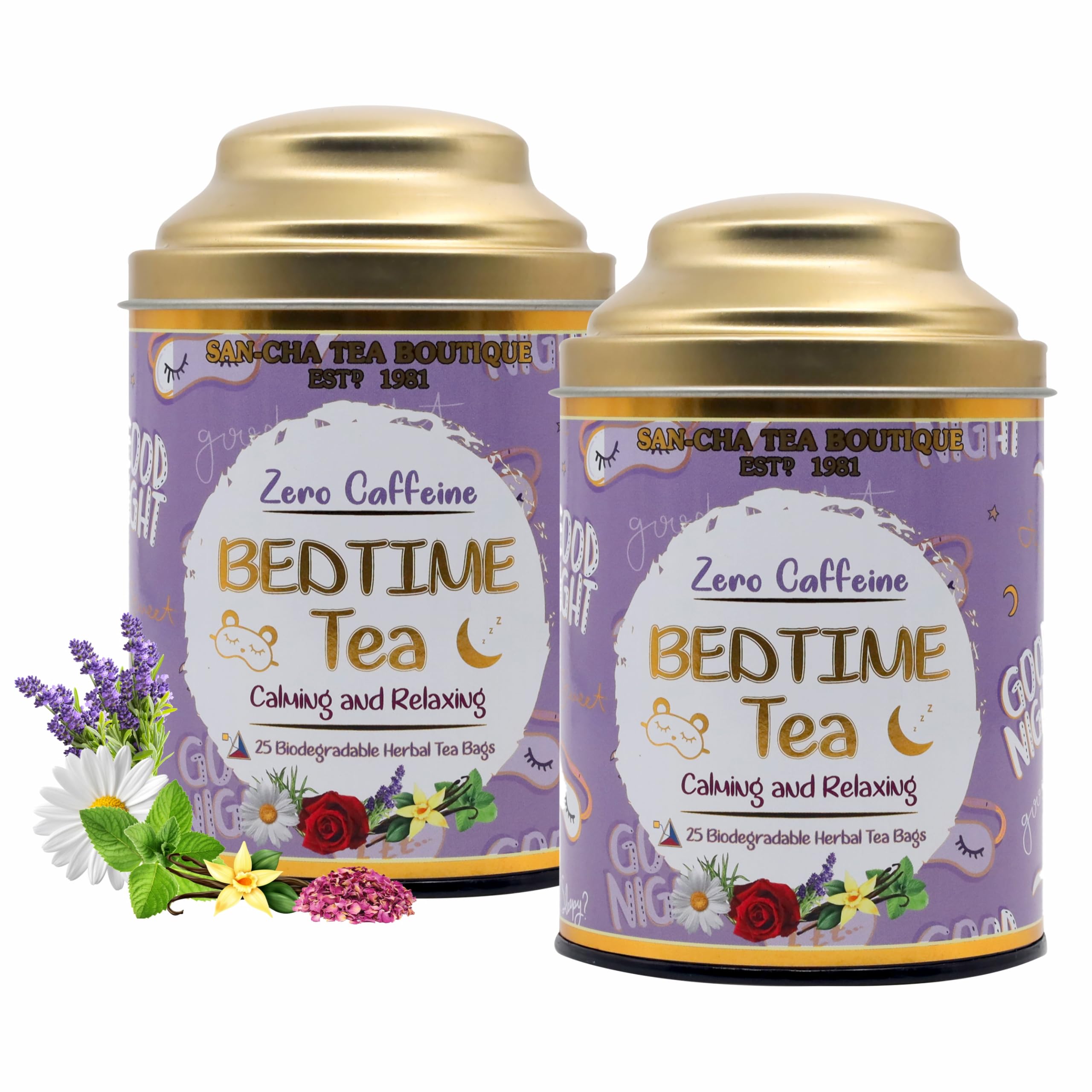 Sancha Tea Boutique, Bedtime Tea, Caffeine Free Herbal Tisane, 25 Pyramid Bags, For Stress Relief & Good Sleep, Blend Of Real Vanilla, Lavender, Rose & Chamomile Flowers (Pack of 2)