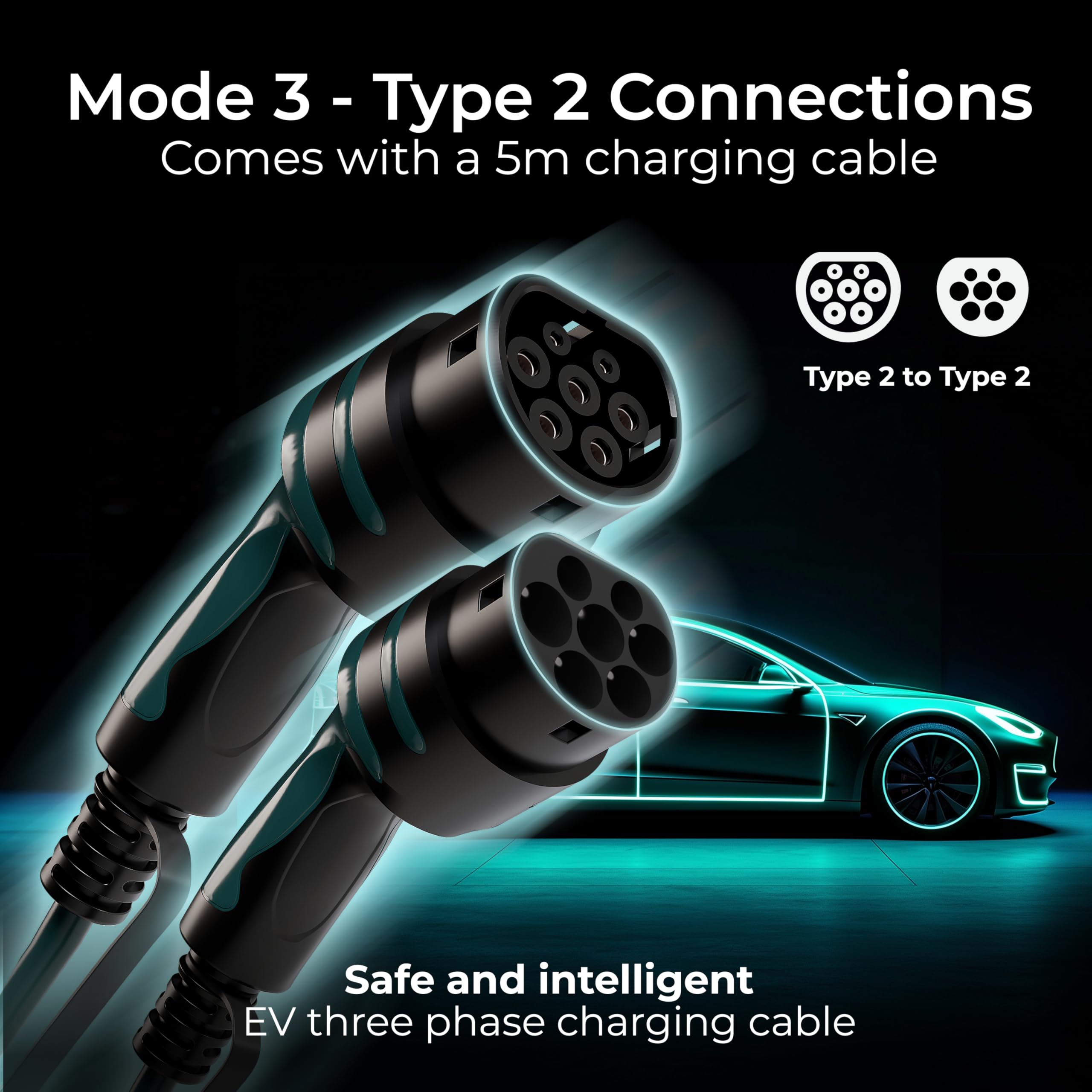 Masterplug Cable de Carga Rápida para VE Modo 3 con Estuche de Transporte, Vehículo Eléctrico e Híbrido Enchufable Tipo 2 a Tipo 2, Trifásico, Cable de 5 Metros, 22kW, 32A, EVC22325TL/CASE