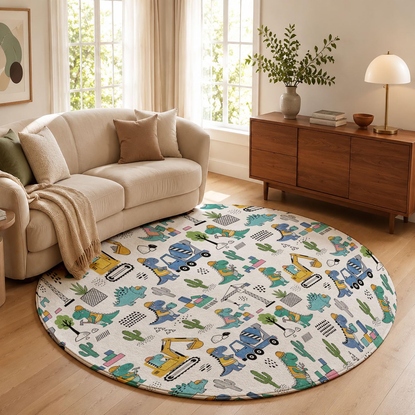 Tappeto Rotondo Bambini Dinosauro Cartoni Animati Tappeto a Pelo Corto Veicolo Ingegneristico Tyrannosaurus Rex Antiscivolo, Lavabile per Salotto, Cameretta dei Bambini, Dimensione: 120cm, Blu-Verde