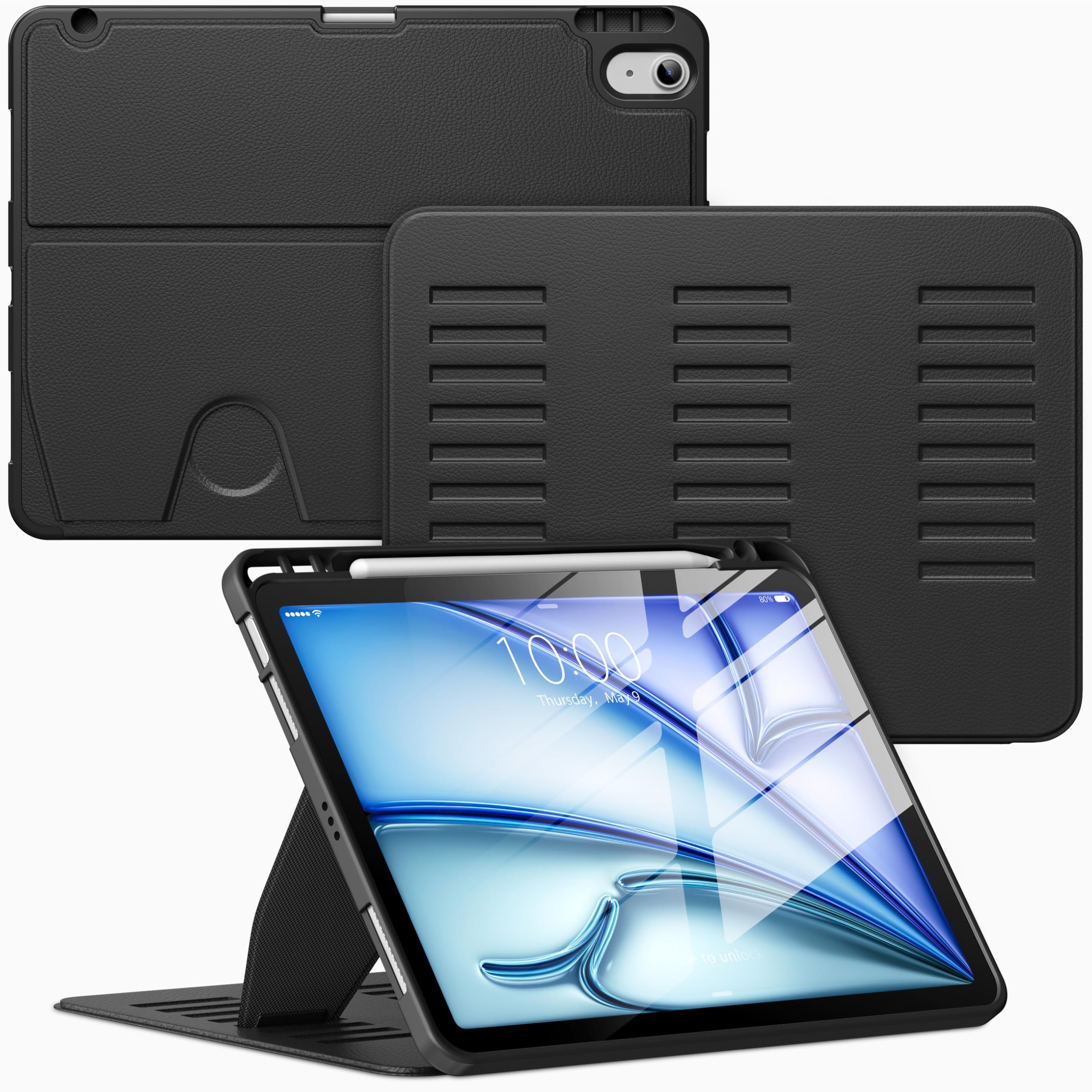 VIKESI Case for iPad Air 11-inch with M4 / M3 / M2 Chip 2026/2025/2024 and for iPad Air 5th/4th Gen 10.9 Inch 2022/2020,Multiple Angles Stand Cover,Soft Back,Pencil Holder,and Auto Sleep/Wake,Black