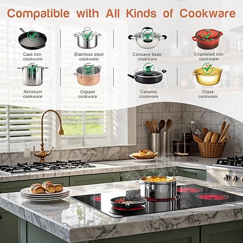 Miniatura 7 de Karinear Estufa eléctrica de 30 pulgadas, estufa eléctrica de 5 quemadores, estufa eléctrica de cerámica de 30 pulgadas, 9 niveles de potencia,