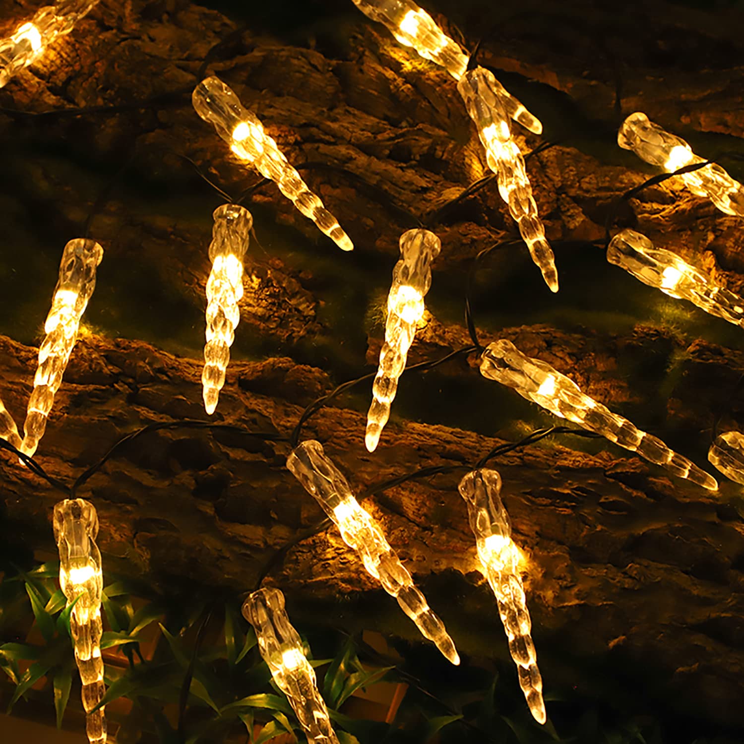 KINGCOO 100LED Solar Eiszapfen Lichter Garten, Wasserdicht 10M/32Ft Eiskegel Tropfen Fenster Dekorative Fee Lichterketten 8Mode für Außen Innen Weihnachten Hochzeit Party Beleuchtung (Warmweiß)
