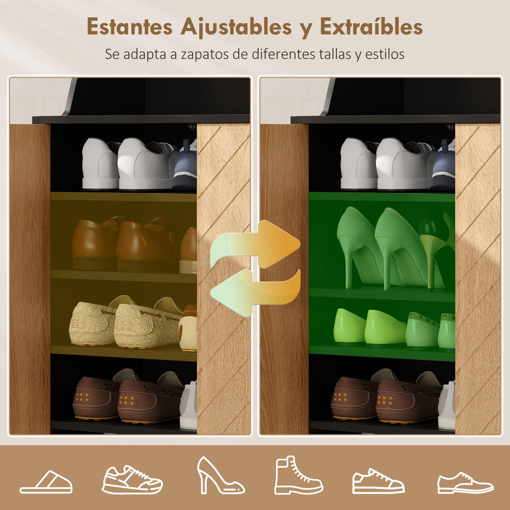 HOMCOM Zapatero de 2 Puertas en Espiga, Zapatero Entrada Recibidor con Estantes Ajustables, Compartimento Abierto y Patas de Madera, para 15 Pares de Zapatos, 75x35x104 cm, Negro y Natural