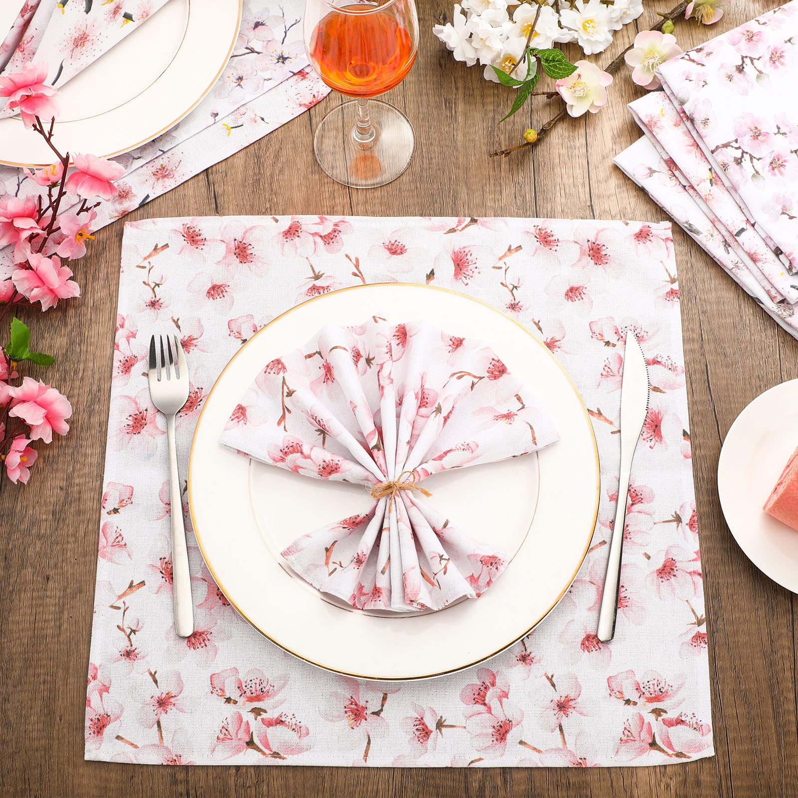 Funnymoom 24 Pcs Cherry Blossom Cloth Napkins Floral Plants Reusable Napkins Country French Toile Dinner Napkin Soft Absorbent Napkin for Everyday Spring Summer Holiday Party