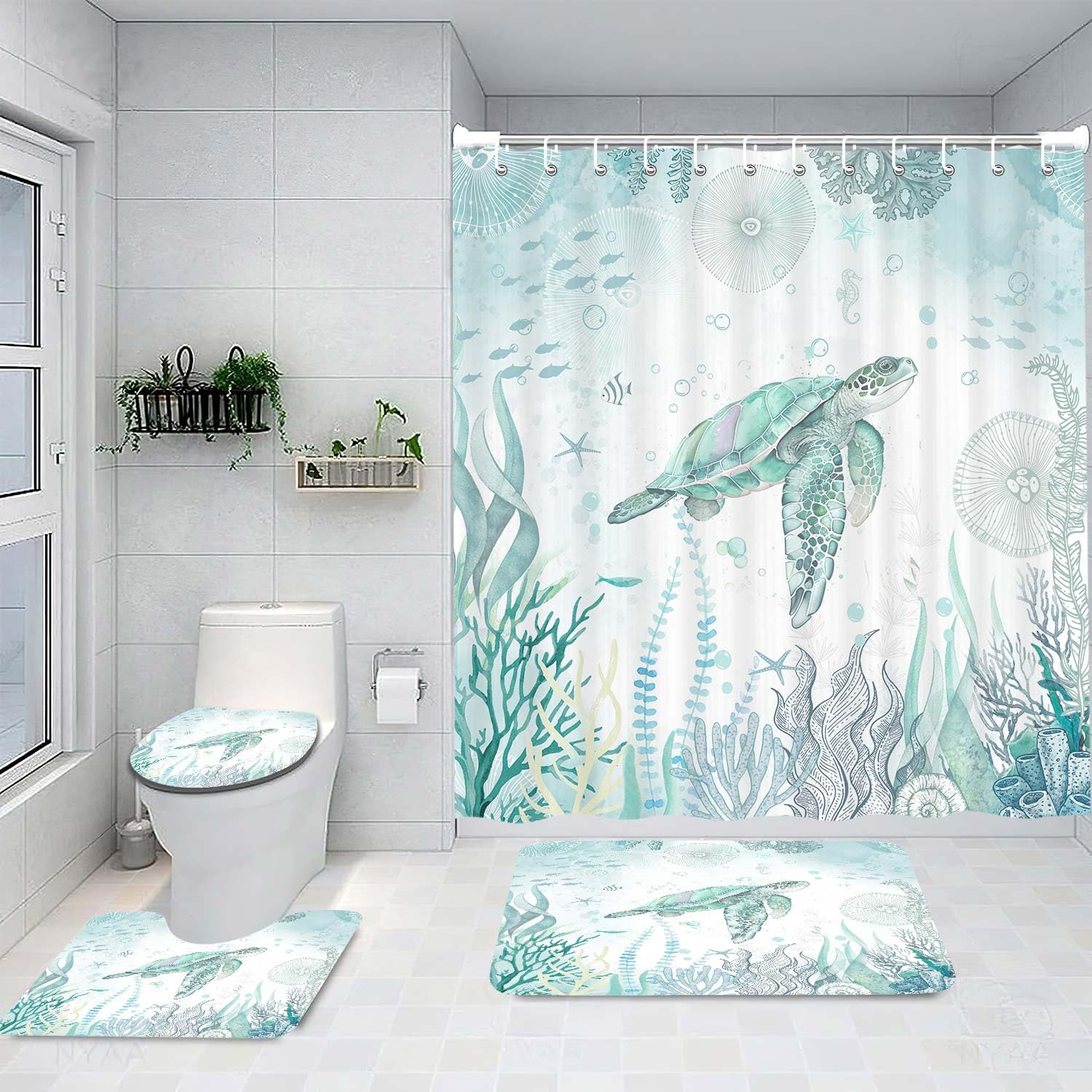 4 Pcs Sea Turtle Shower Curtain Set, Blue Teal Ocean Bathroom Rug Sets, Nautical Coastal Summer Animal Kids Fabric Shower Curtain and Non-Slip Rugs