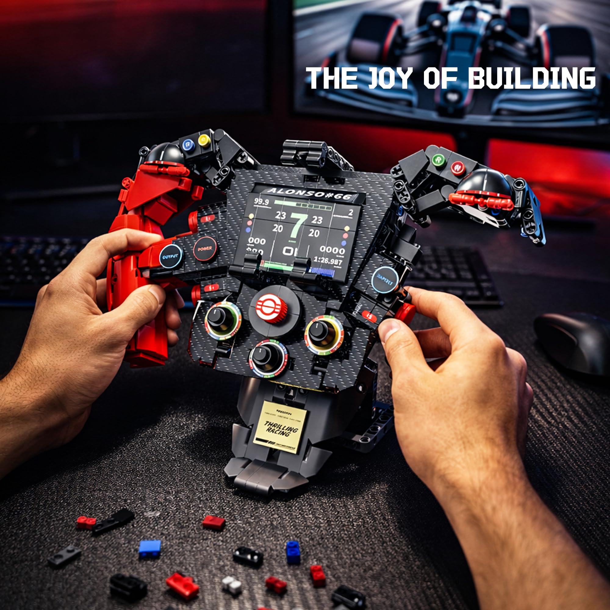 Juego de construcción de volante de simulador de carreras, simulador de fórmula mecánica, kit de modelo coleccionable con piezas móviles y soporte para teléfono para niños de más de 14 años