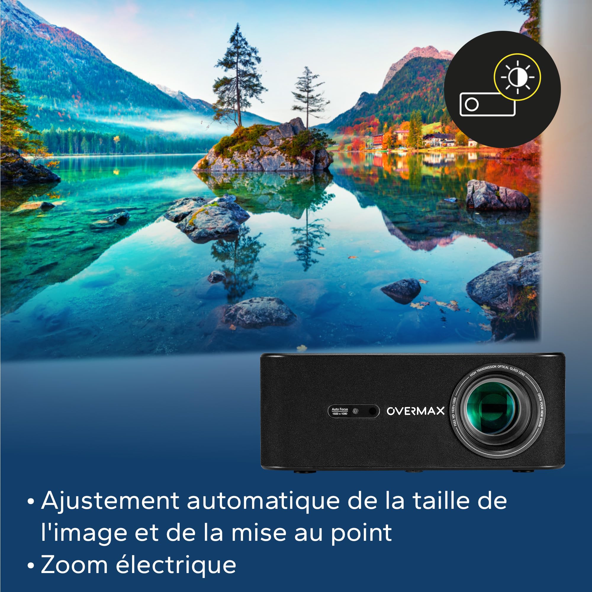 Projecteur Overmax 4K Full HD 1080P Multipic 5.2, Google TV, Wi-FI et Bluetooth, Correction trapézoïdale Automatique à 30°, Zoom électrique, Miracast et Rotation à 360°, écran jusqu'à 200