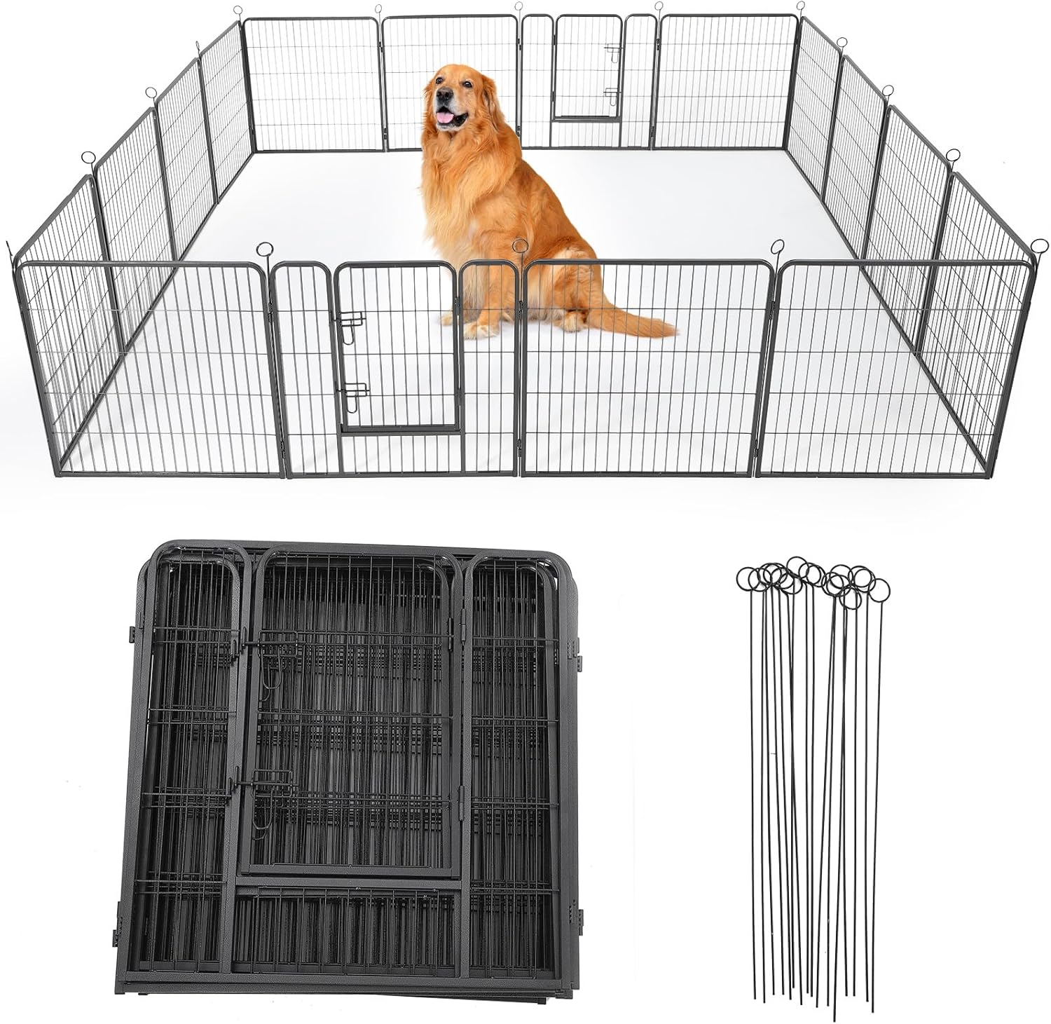 Outdoor Dog Playpen,Heavy Duty Metal Pet Exercise Pen,32 Inch, 16 Panels Metal Dog Fence with Gate, Pet Fence for Large/Small Dogs, Portable Dog Fence for RV Camping, Yard