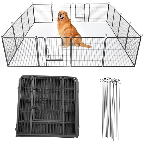 Outdoor Dog Playpen,Heavy Duty Metal Pet Exercise Pen,32 Inch, 16 Panels Metal Dog Fence with Gate, Pet Fence for Large/Small Dogs, Portable Dog Fence for RV Camping, Yard