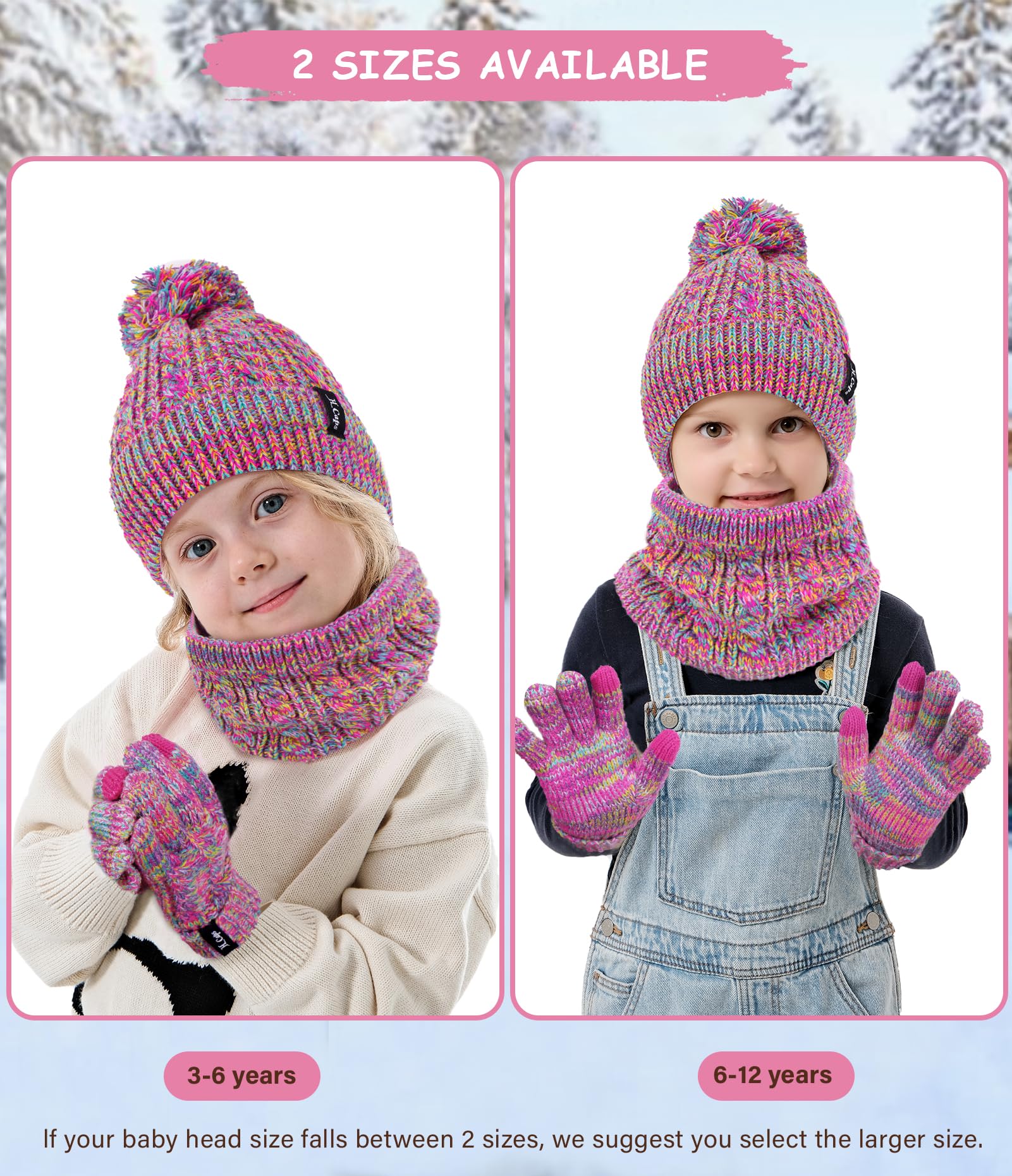 Enfant Fille Garçons Hiver Chapeau Bonnet Echarpe Écran Tactile Gants Set 3-6-12 Ans Tricot Pom Bonnets Casquette Cache Cou Gant Cadeaux pour Filles Garçons