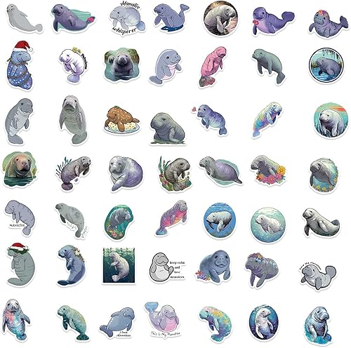 Miniatura 6 de Lindas calcomanías impermeables de manatí para botella de agua, 50 piezas Jaurney, calcomanías de manatí kawaii de vinilo para laptop, patineta,