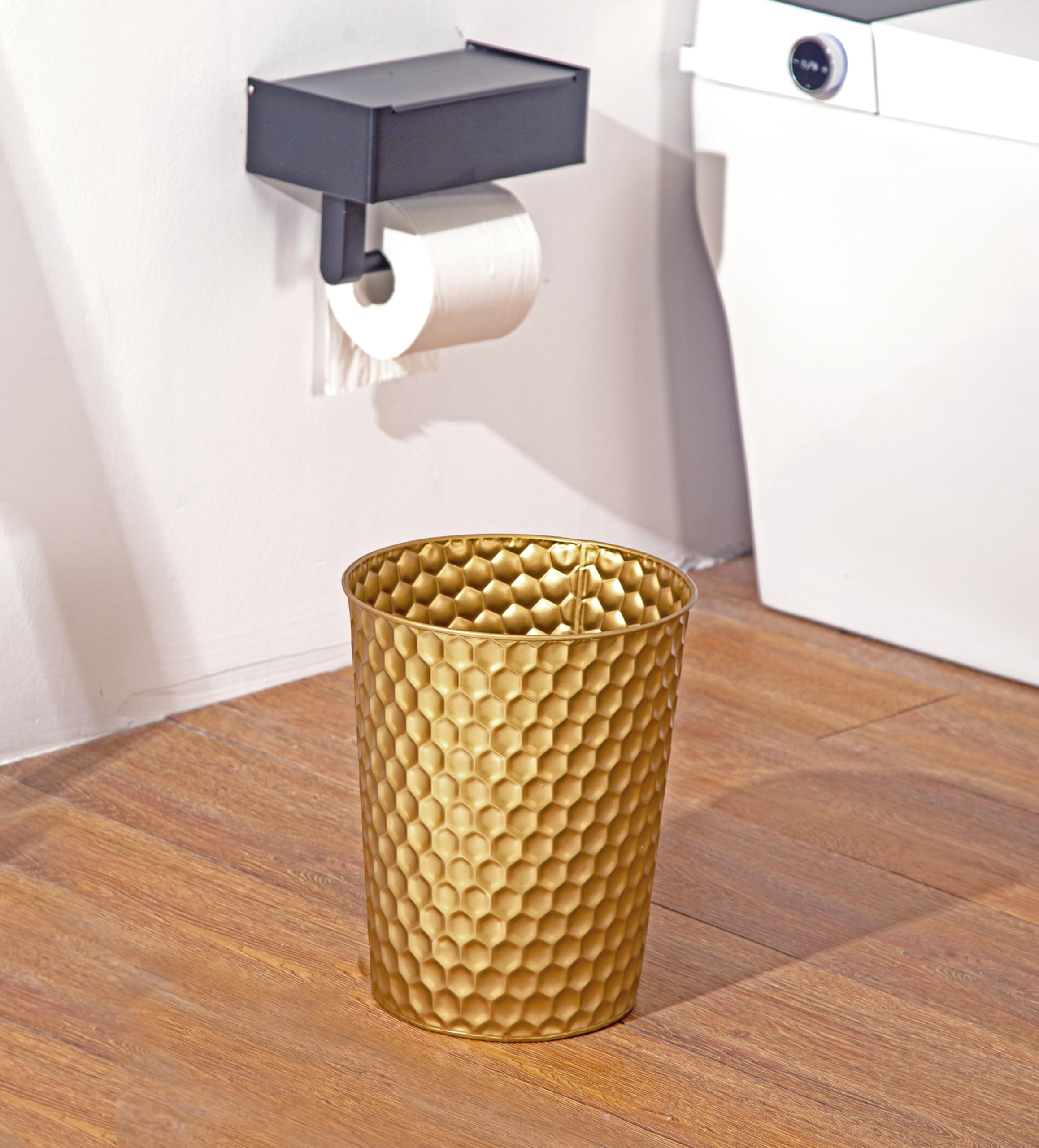 Piccolo cestino della spazzatura in metallo, decorativo, a nido d'ape, moderno, rotondo, per bagno, camera da letto, cucina e ufficio (oro)