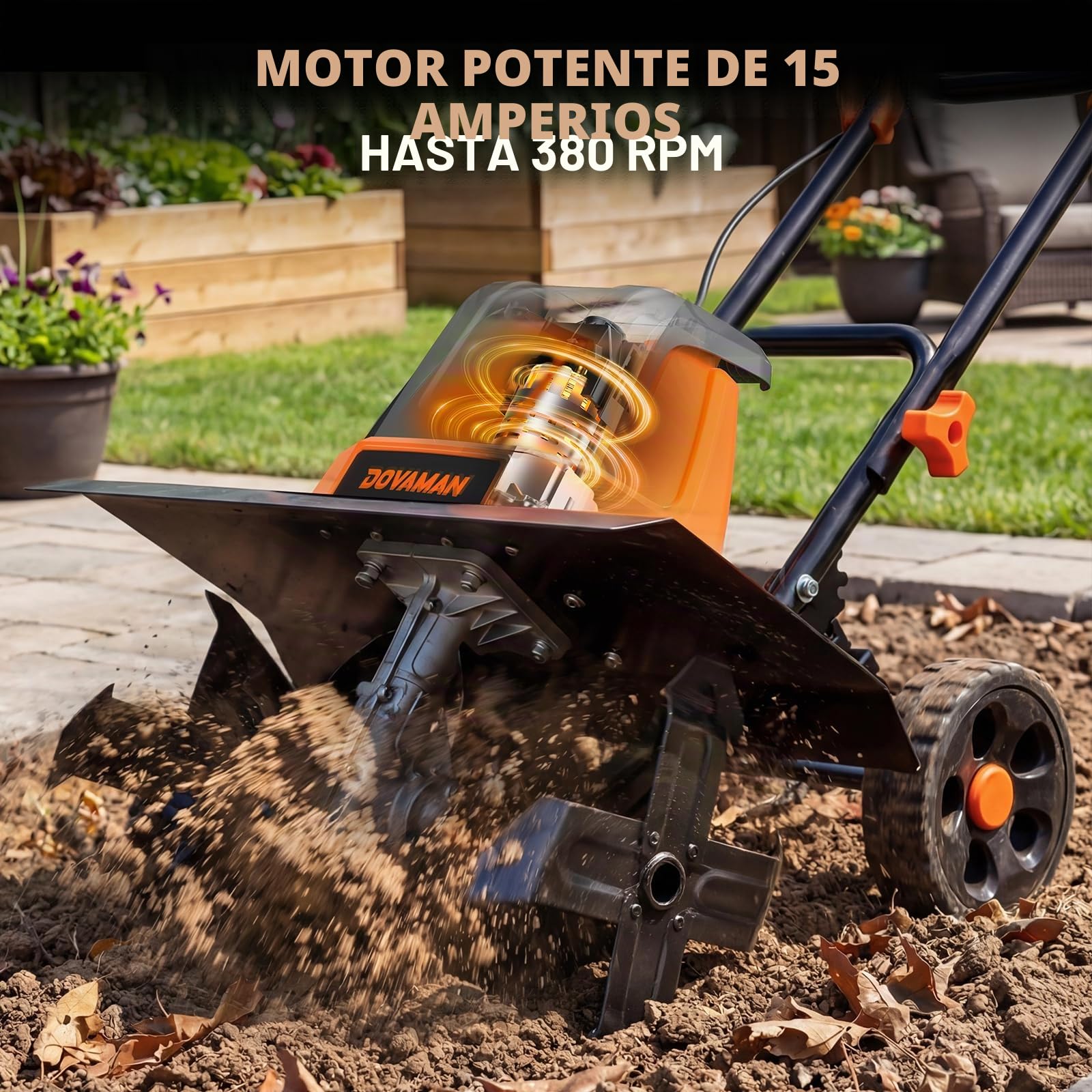 DOVAMAN Motoazada Eléctrica 1800W, 46 cm de Ancho y 20 cm de Profundidad, 380 RPM, 6 Cuchillas de Acero, Ruedas Ajustables 4 Posiciones, Mango Plegable-T03