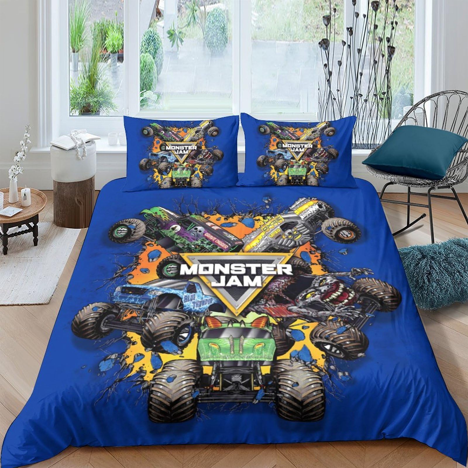 GPLZQXKJNH 3D Printed Monster Truck Duvet Cover Set Microfiber Soft Blue Bedding Set with 2 Pillowcases for Bedroom Decor Single（135x200cm）