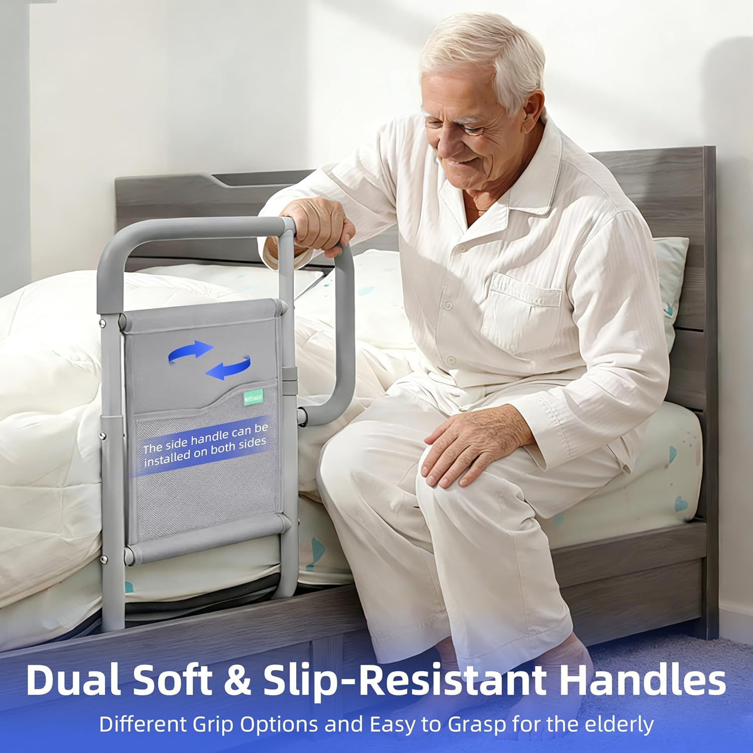 Bed Rails for Elderly Adults, ASTM Approved Bed Assist Rail with Dual Non-Slip Handles for Easily Getting in & Out of Bed, Bed Rail with Storage Pocket, fits King, Queen, Full, Twin Bed, 350lbs