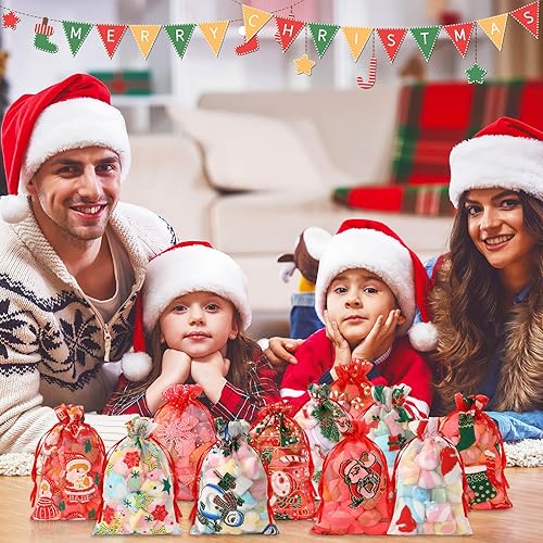 Miniatura 6 de DTOFOOT Bolsas de organza de Navidad, bolsas de regalo para joyas, 40 bolsas pequeñas de Navidad de 4 x 6 pulgadas, bolsas de organza con cordón de