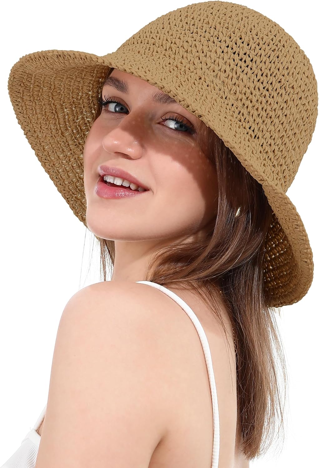 Womens Sun Hat Handmade Crochet Straw Bucket Hat Summer UV Protection Foldable Travel Cap UPF 50+ - Image 5