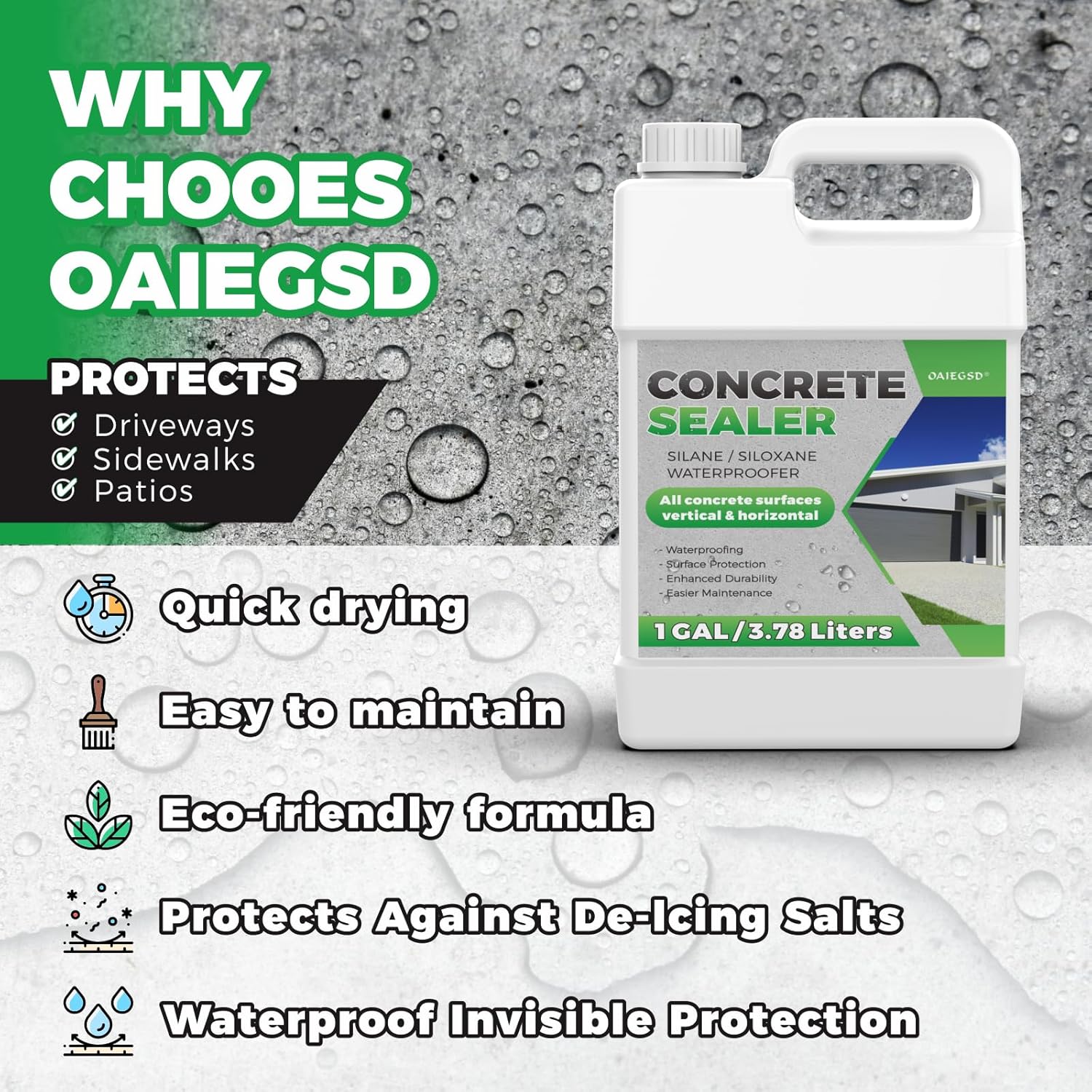 1 Gallon Concrete Sealer, Penetrating Water Sealers Spary Safe for Pets and Plants Suitable for Indoor Use, Water-Based Silane Siloxane Sealer for Outdoor, Driveways, Patios, Masonry, Garge Floor