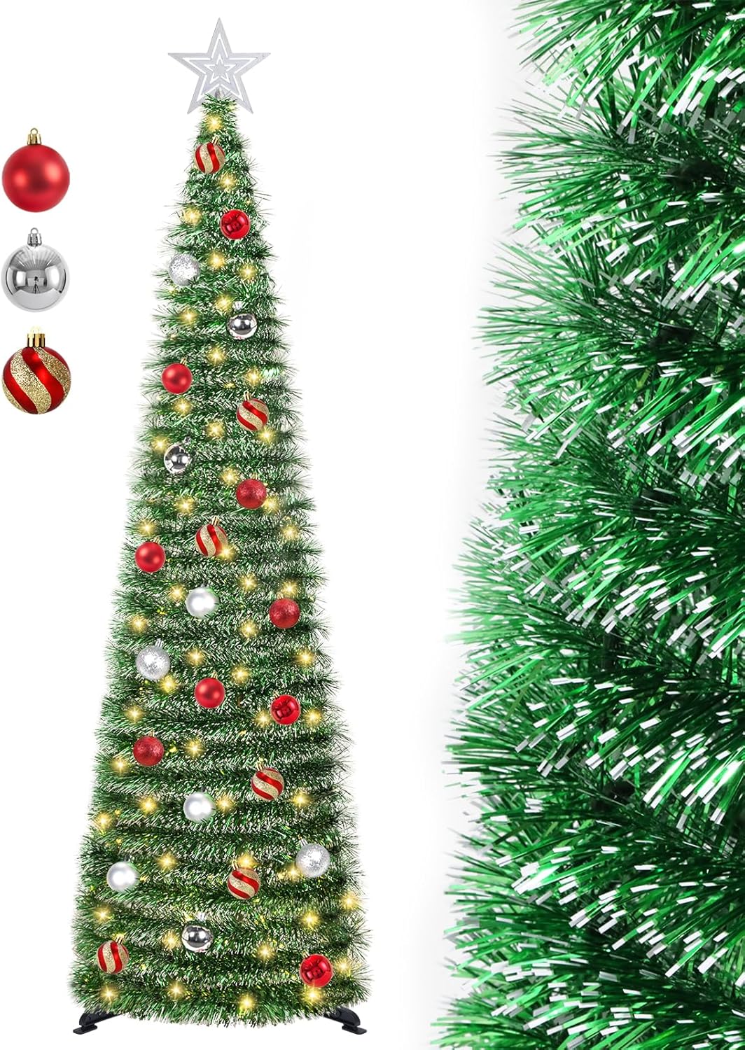 5 FT Pop Up Christmas Tree with Timer Lights and Decorations, Green Tinsel Artificial Christmas Tree with 24 Balls Ornaments, Collapsible Pencil Tree for Xmas Home Office Party Decor