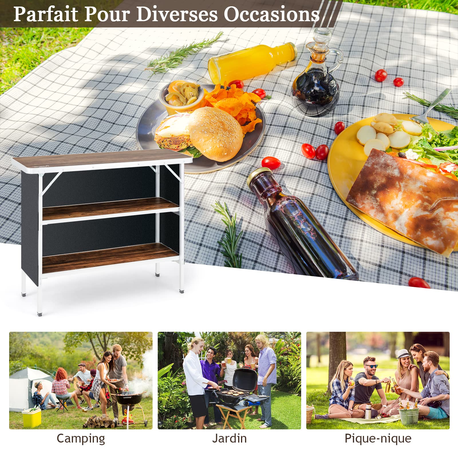GOPLUS Mesa de camping plegable para picnic con almacenamiento, mesa portátil ligera de aluminio con bolsa de transporte, estación de preparación de alimentos con 2 estantes (café)