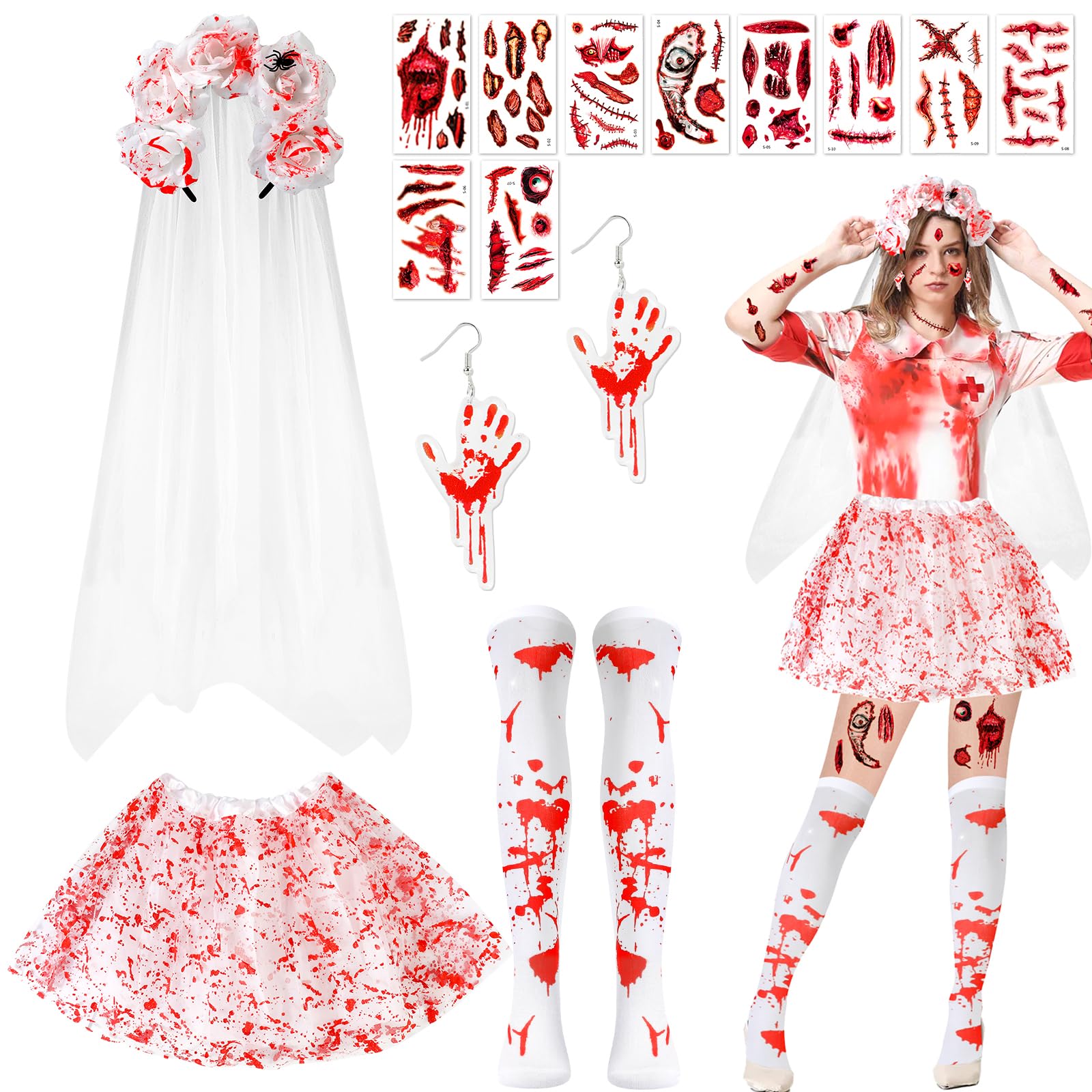 Zombie Bride Costume - Bloody Tutu Skirt, Veil, Thigh High Socks, Earrings - Halloween Scary Dead Bride Dress Up Cosplay