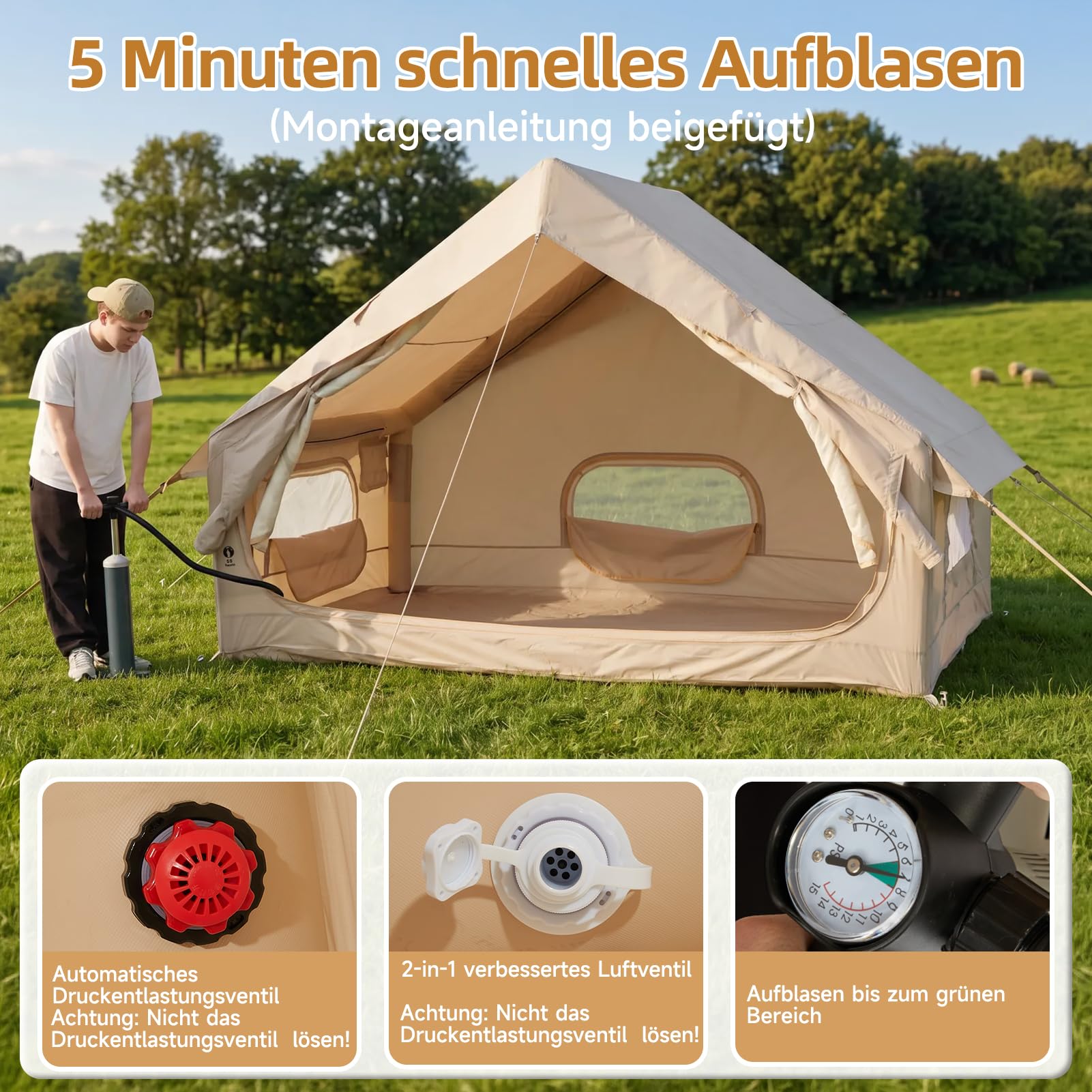 Tente gonflable avec auvent (4 à 8 personnes, beige) | Tente familiale en Oxford 210D, PU 3000 mm imperméable, UPF 30+, tente glamping 300 x 240 cm, pour camping en plein air