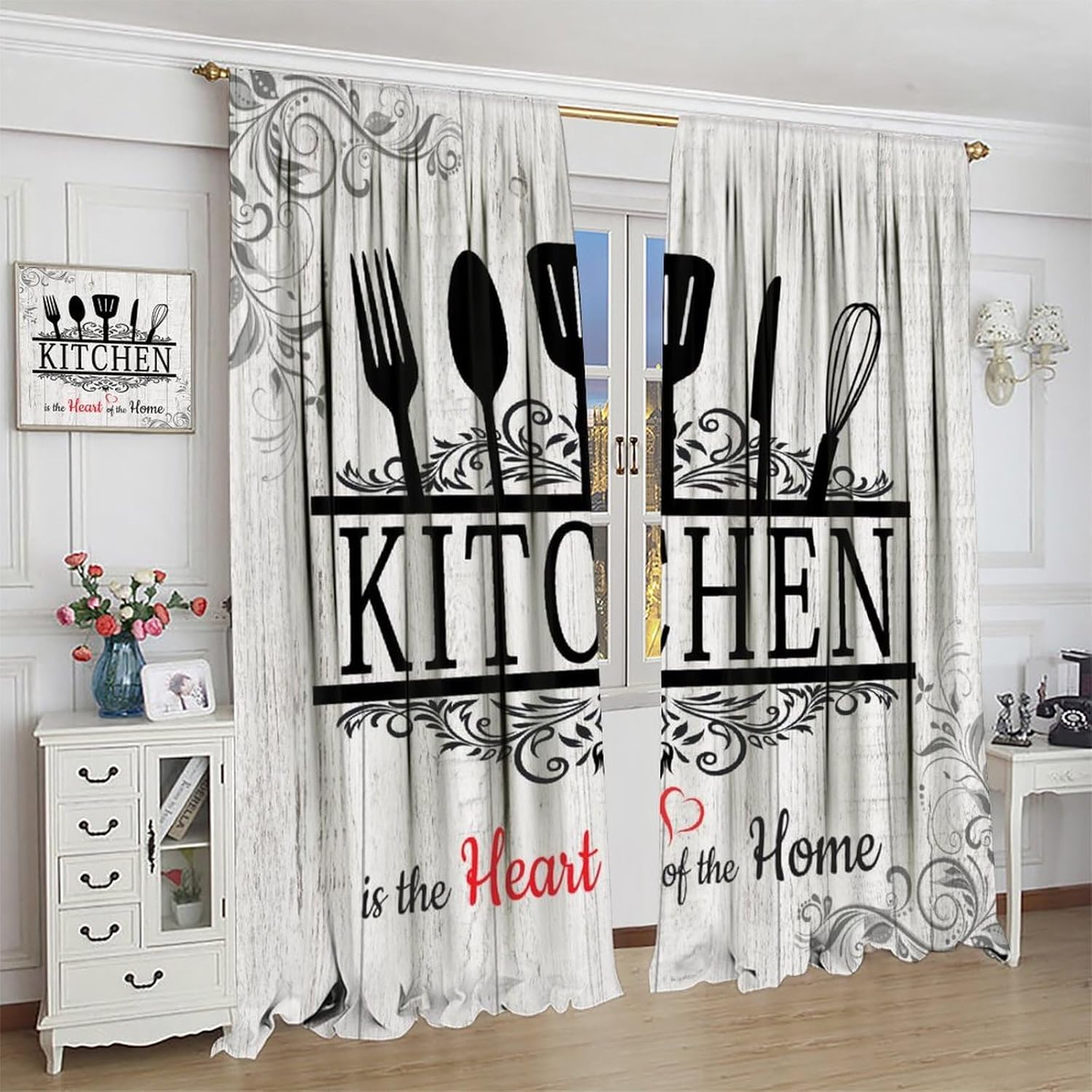 Farmhouse Kitchen Blackout Curtains Rustic Country Fork and Spoon Cook Theme Rustic Vintage Cottage Windows Treatments Rod Pocket for Cafe Dining Room Living Room Bedroom 42x63in